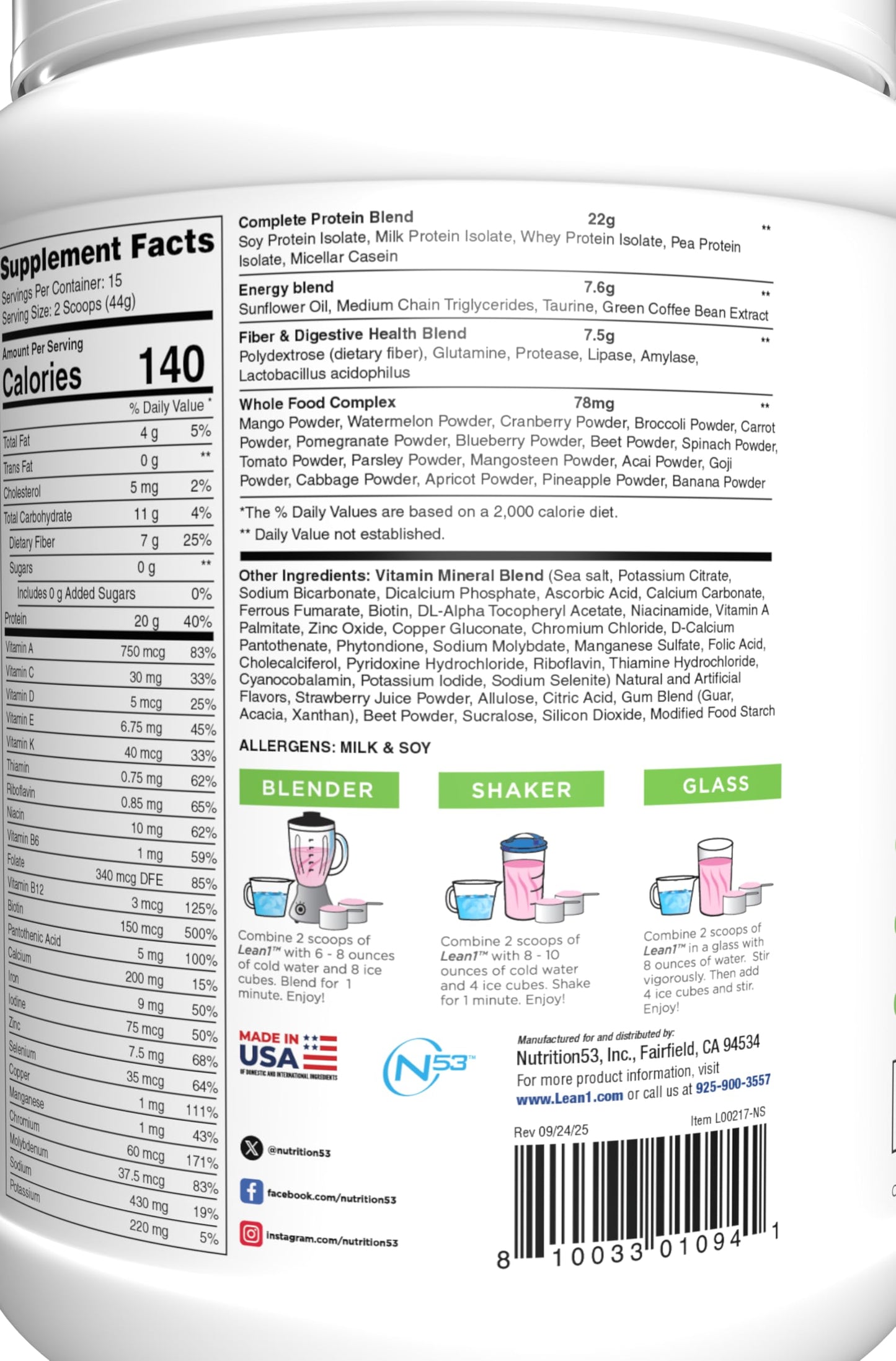 N53 Lean1 Meal Replacement Protein Shake Strawberry Flavor Powder 27.5
