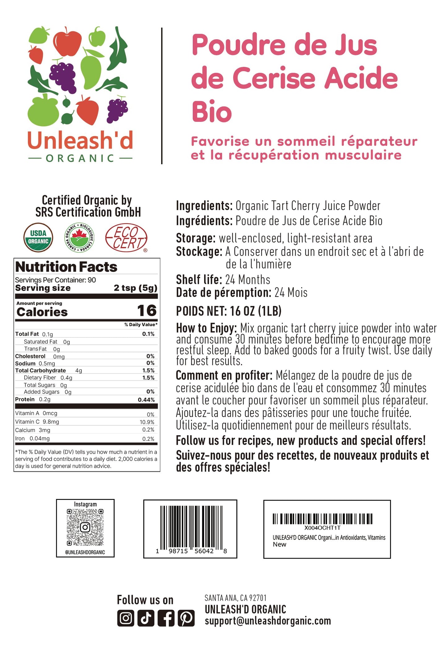 UNLEASH'D ORGANIC Tart Cherry Juice Powder 16 oz