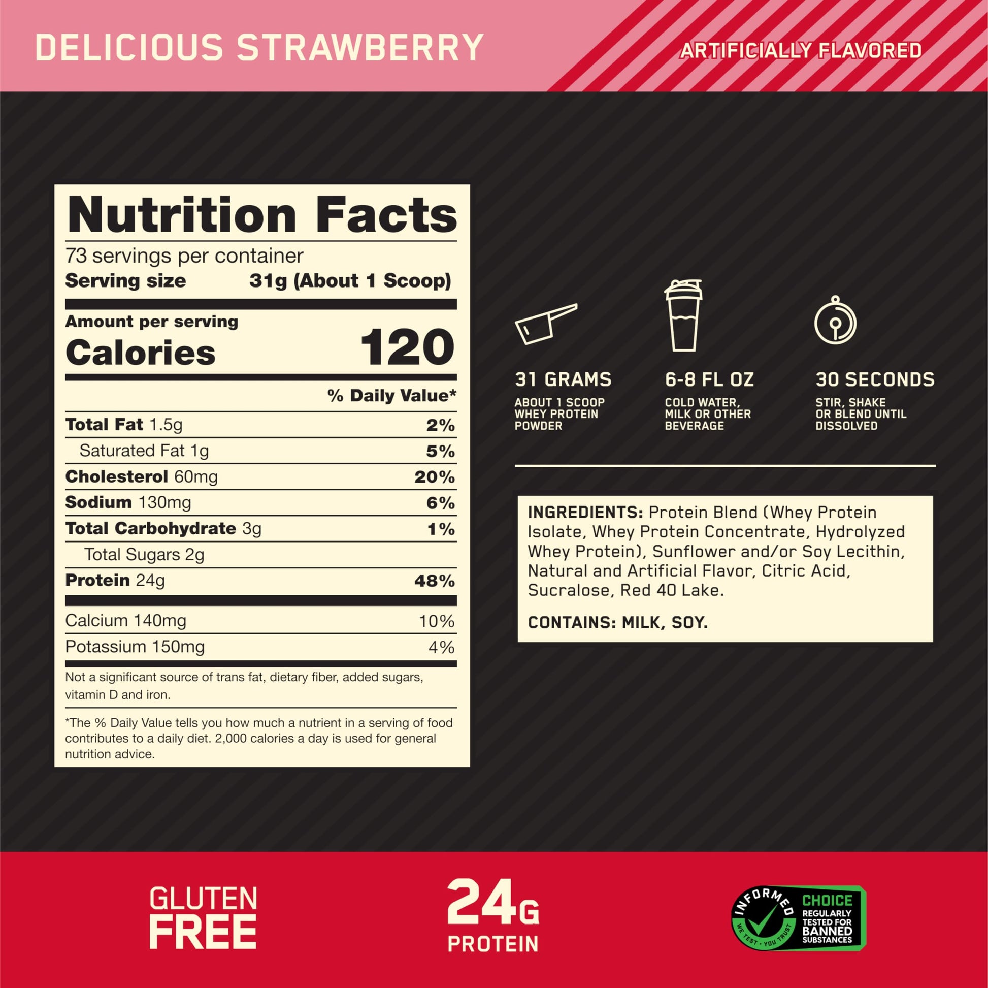 Optimum Nutrition Gold Standard 100% Whey Protein Powder, Delicious Strawberry, 32 Servings