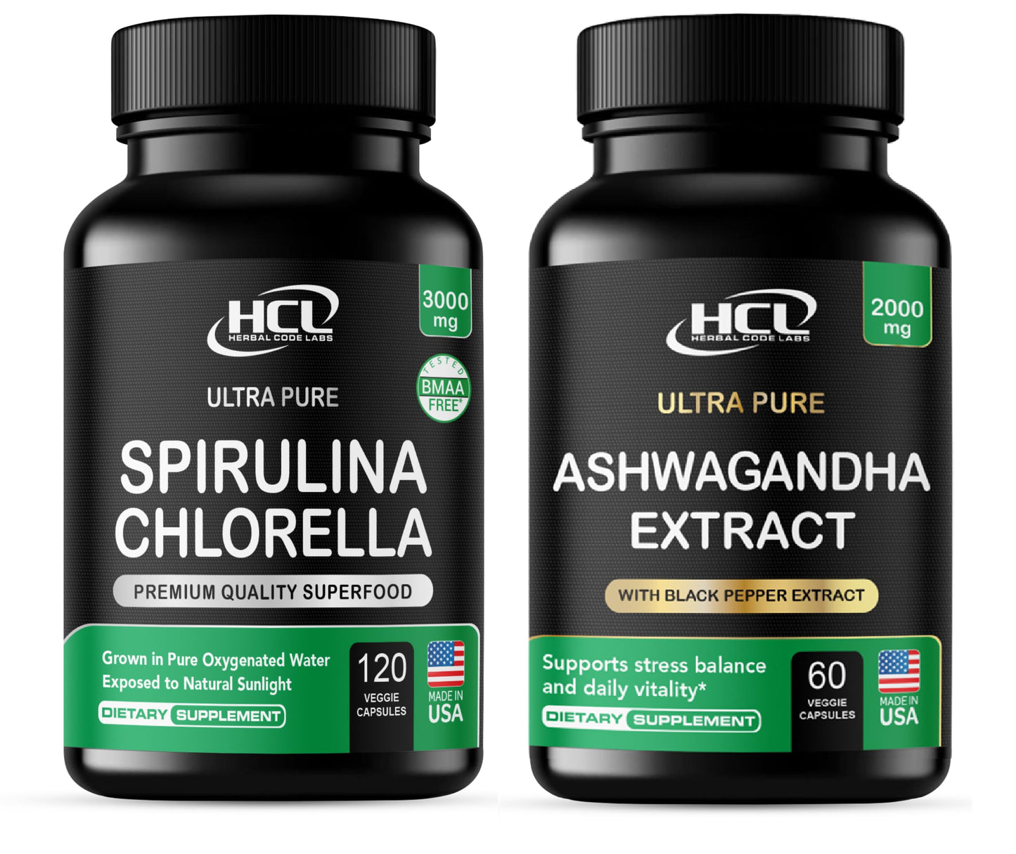 HCL Herbal Code Labs Spirulina Chlorella Ashwagandha Detox & Stress Support Capsules, 180 Count