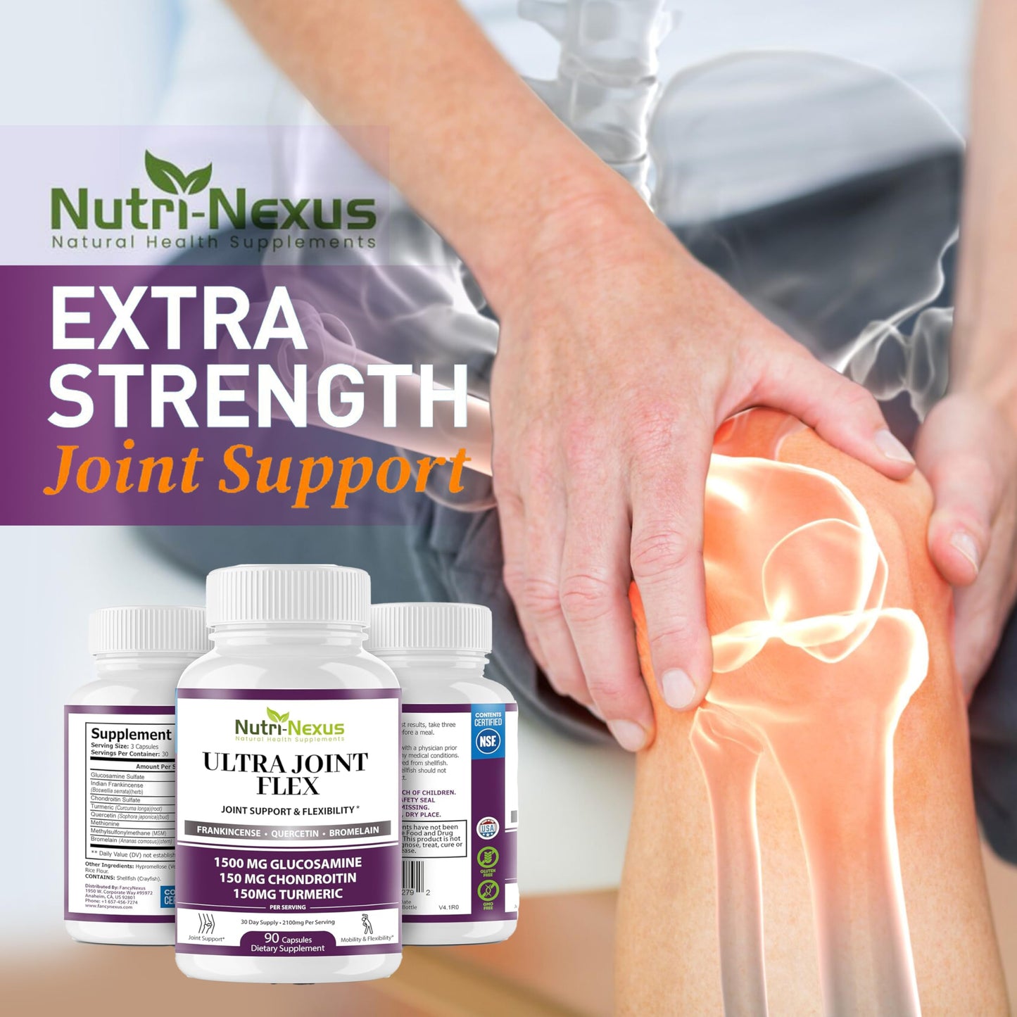 NUTRI-NEXUS Joint Support Supplement with Glucosamine Chondroitin MSM Turmeric Boswellia, Capsules, 90 Count