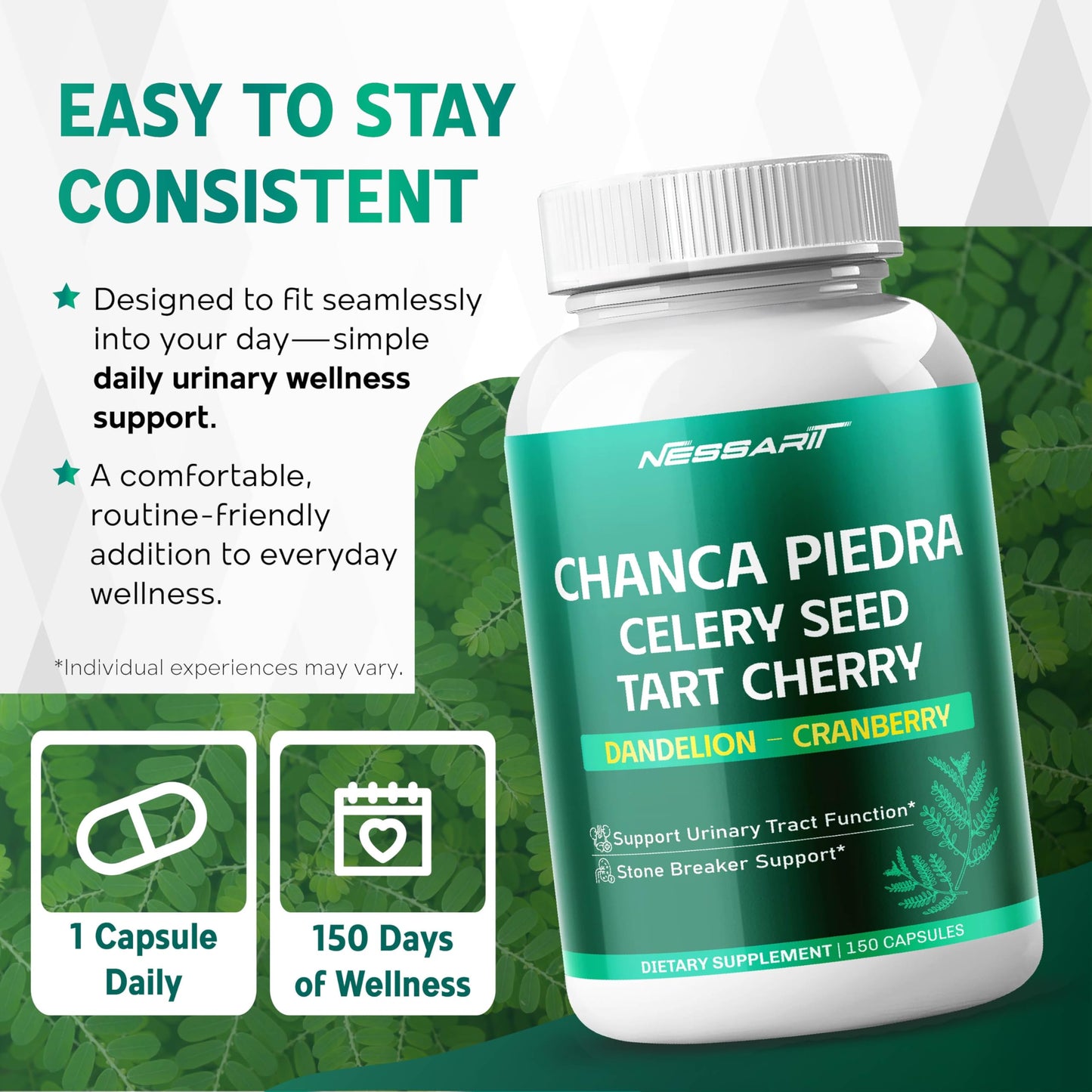 NESSARIT Chanca Piedra, Celery Seed, Tart Cherry, Dandelion & Cranberry Capsules, 150
