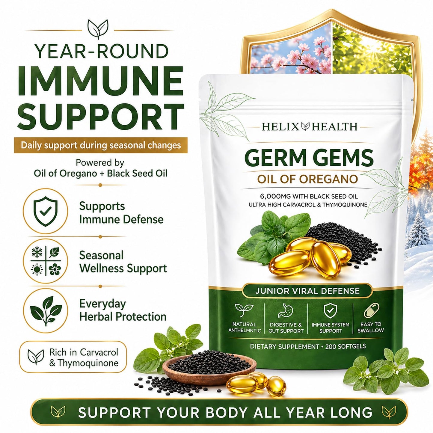 AuraNaturals Helix Health Germ Gems Oil of Oregano Capsule with Black Seed Oil, 4X Strength Carvacrol & Thymoquinone, Immune & Digestive Support, 2-in-1 Formula, Plant Based, Non-GMO, 200 Count