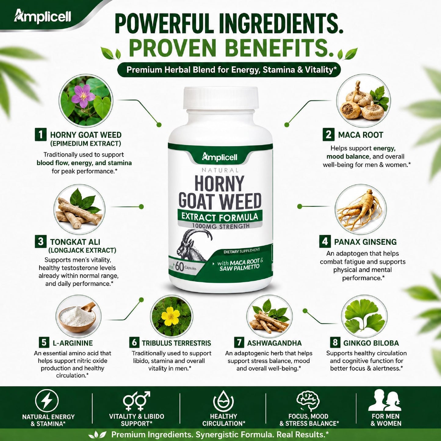 Amplicell Horny Goat Weed Complex Supplement for Men & Women Energy Capsule, 60 Count