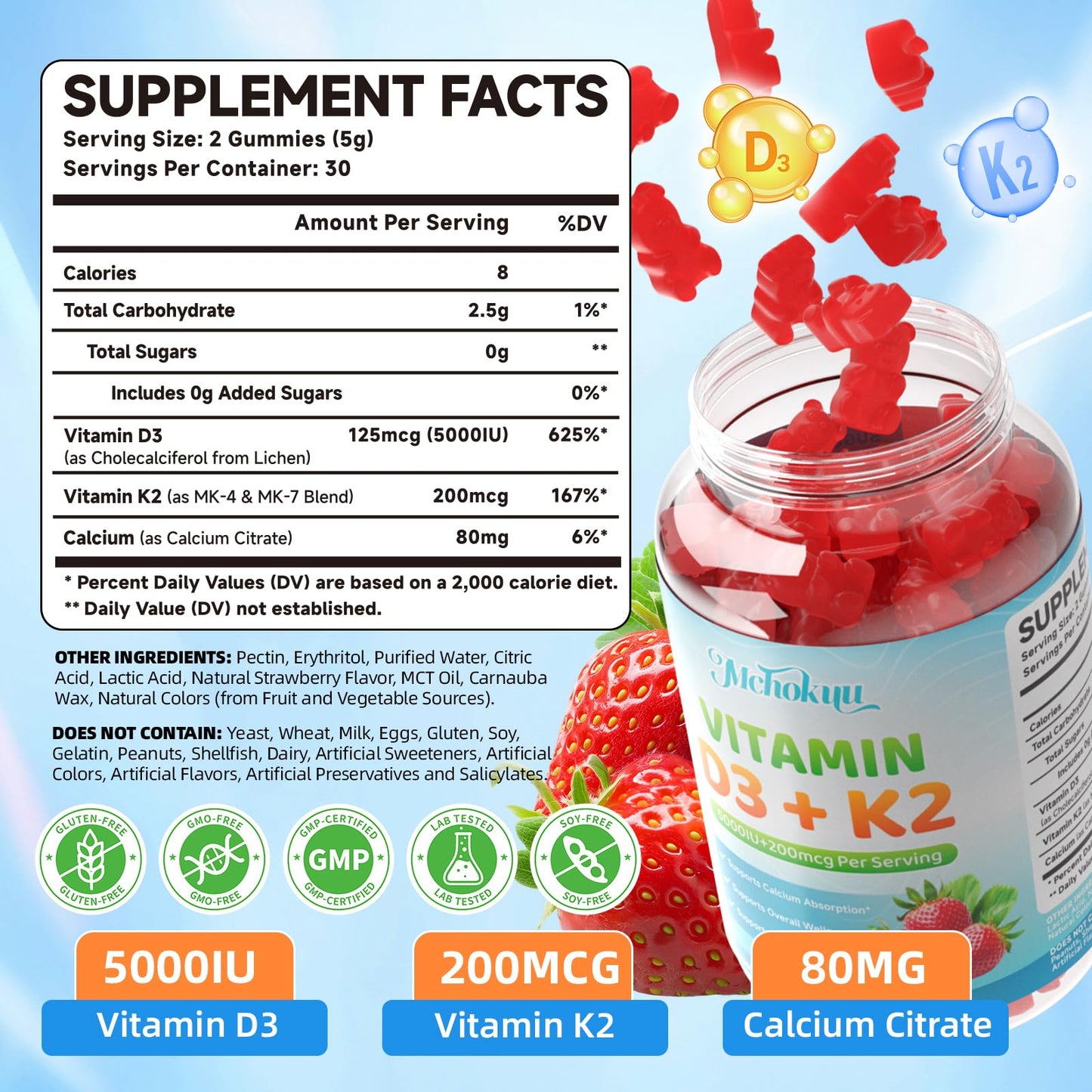 Mchokuu Vitamin D3 K2 Gummies with Calcium, 120 Gummies
