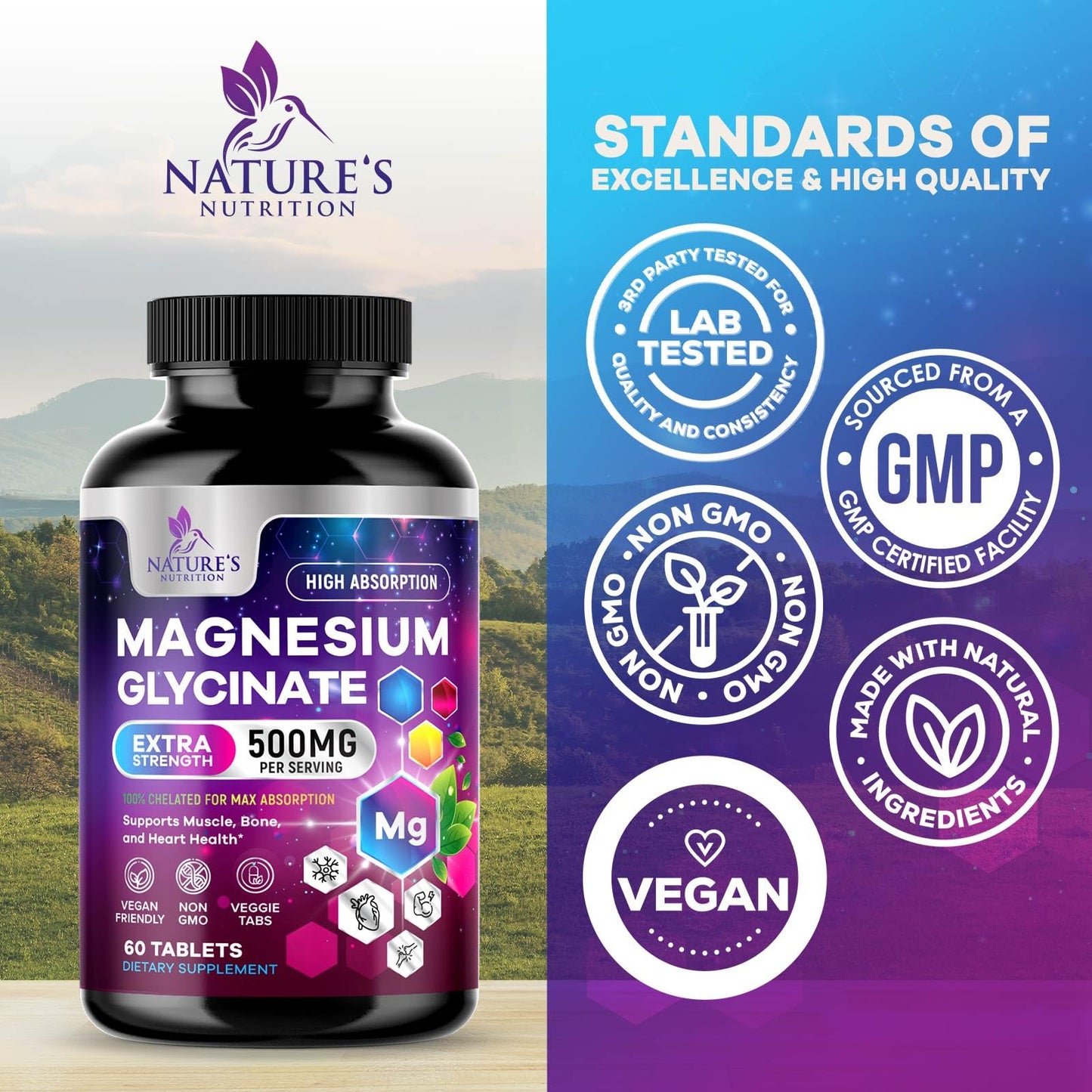 Nature's Nutrition Magnesium Glycinate Supplement Tablet, 60 Tablets
