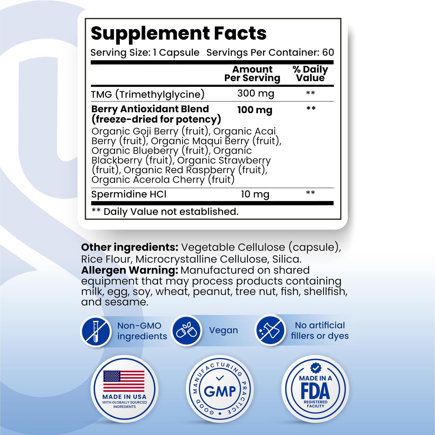 eon labs Spermidine Supplements for Men and Women 10 mg Spermidine HCl Complex with TMG & Organic Berry Antioxidants Cellular Health Support 60 Capsules