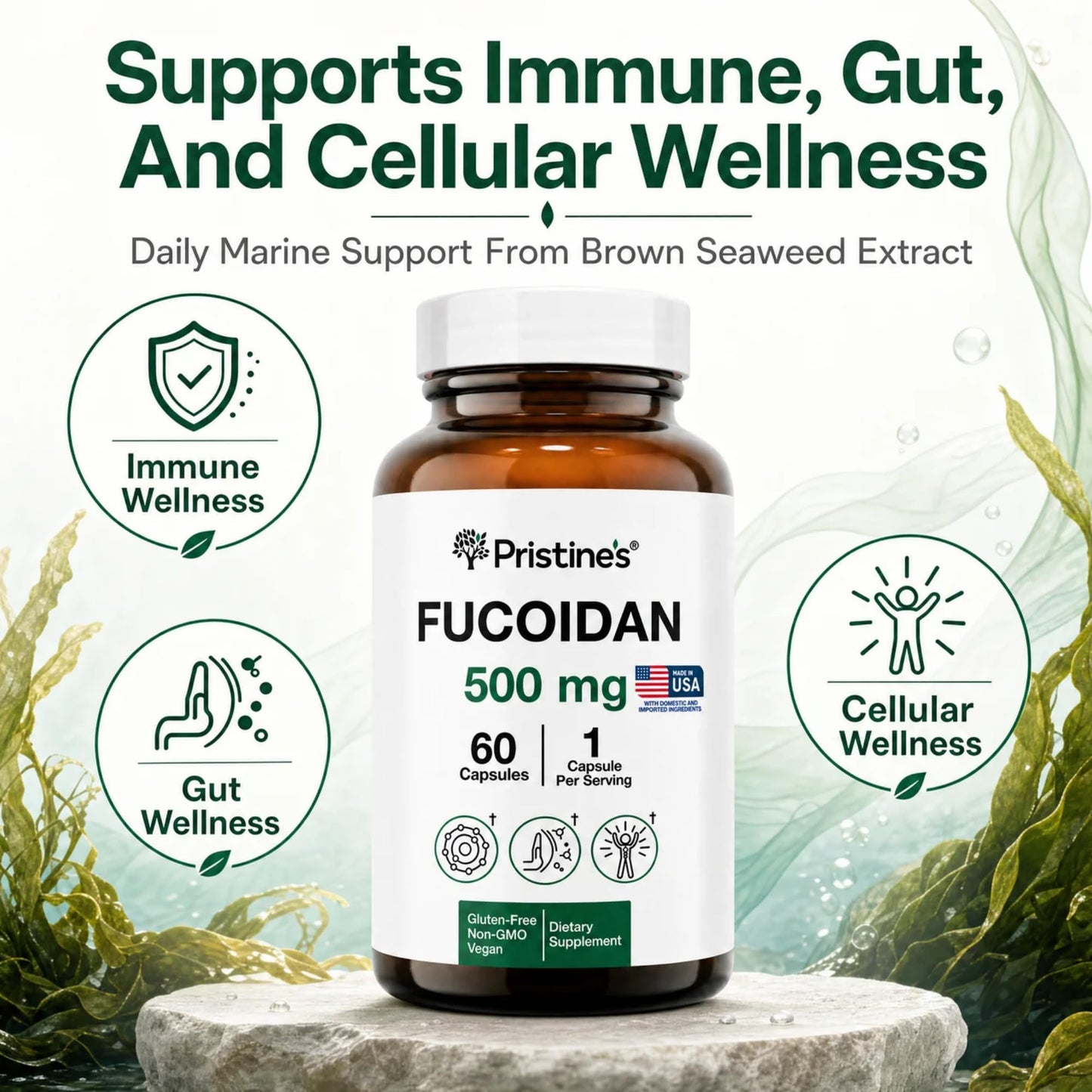 PRISTINE'S Fucoidan 500mg Brown Seaweed Extract Capsules, 60 Count