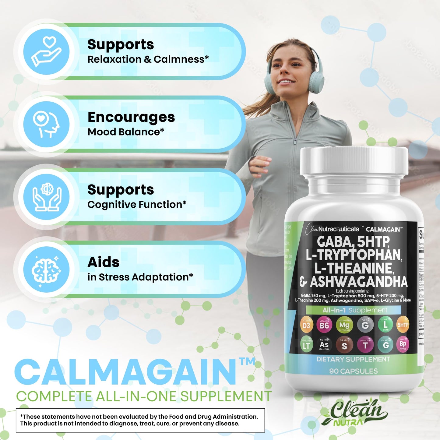 Clean Nutraceuticals GABA 750mg 5-HTP 200mg L-Tryptophan 500mg L-Theanine 200mg Ashwagandha SAM-e L-Glycine Mood Support Capsules, 90 Capsules