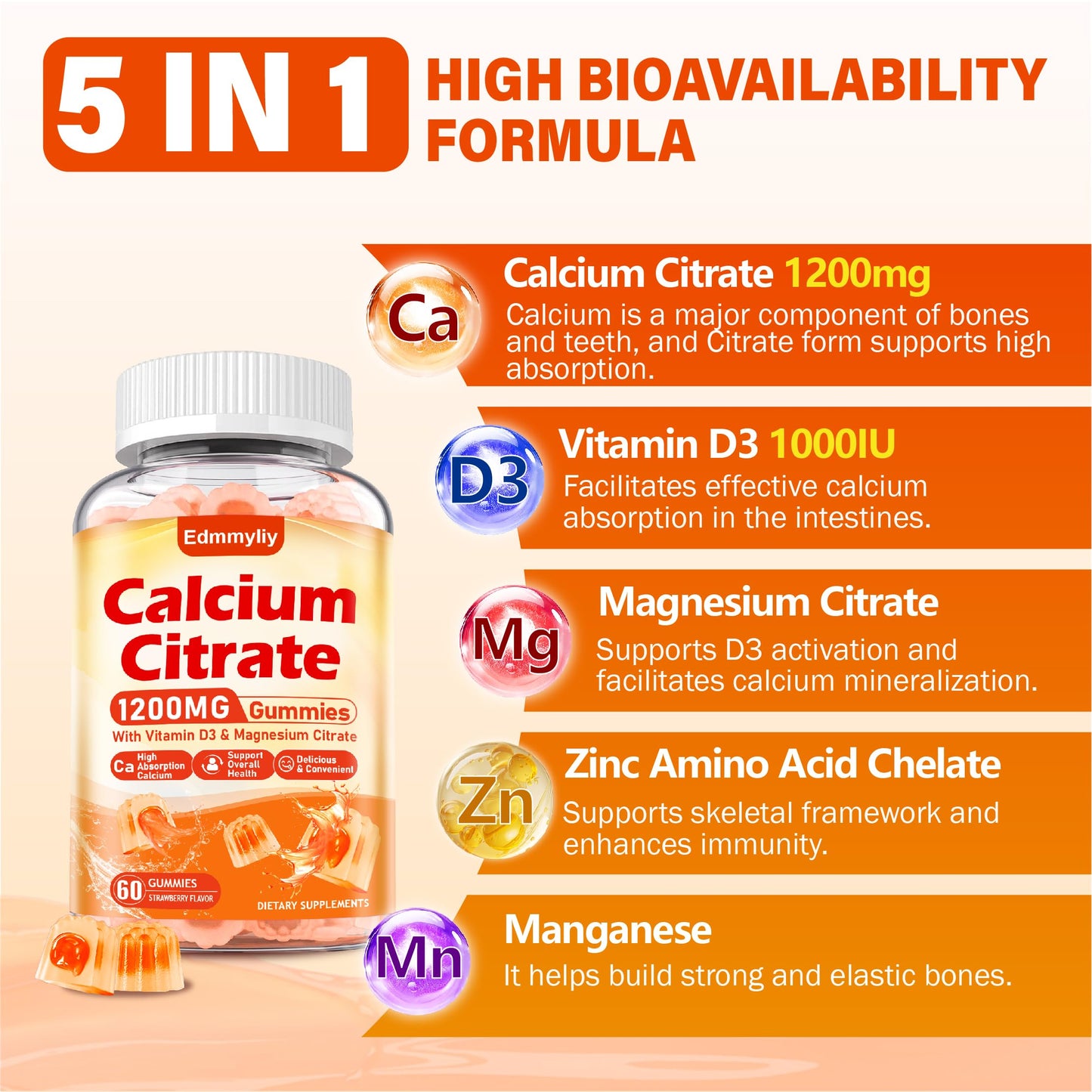 Edmmyliy Calcium Citrate Supplement Gummies, 120 Gummies