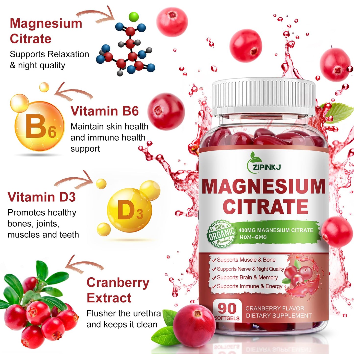 ZIPINKJ Magnesium Citrate 400mg High Absorption Magnesium Citrate Supplement with Vitamin D3, Vitamin B6 and Cranberry Extract Softgels, 270 Count