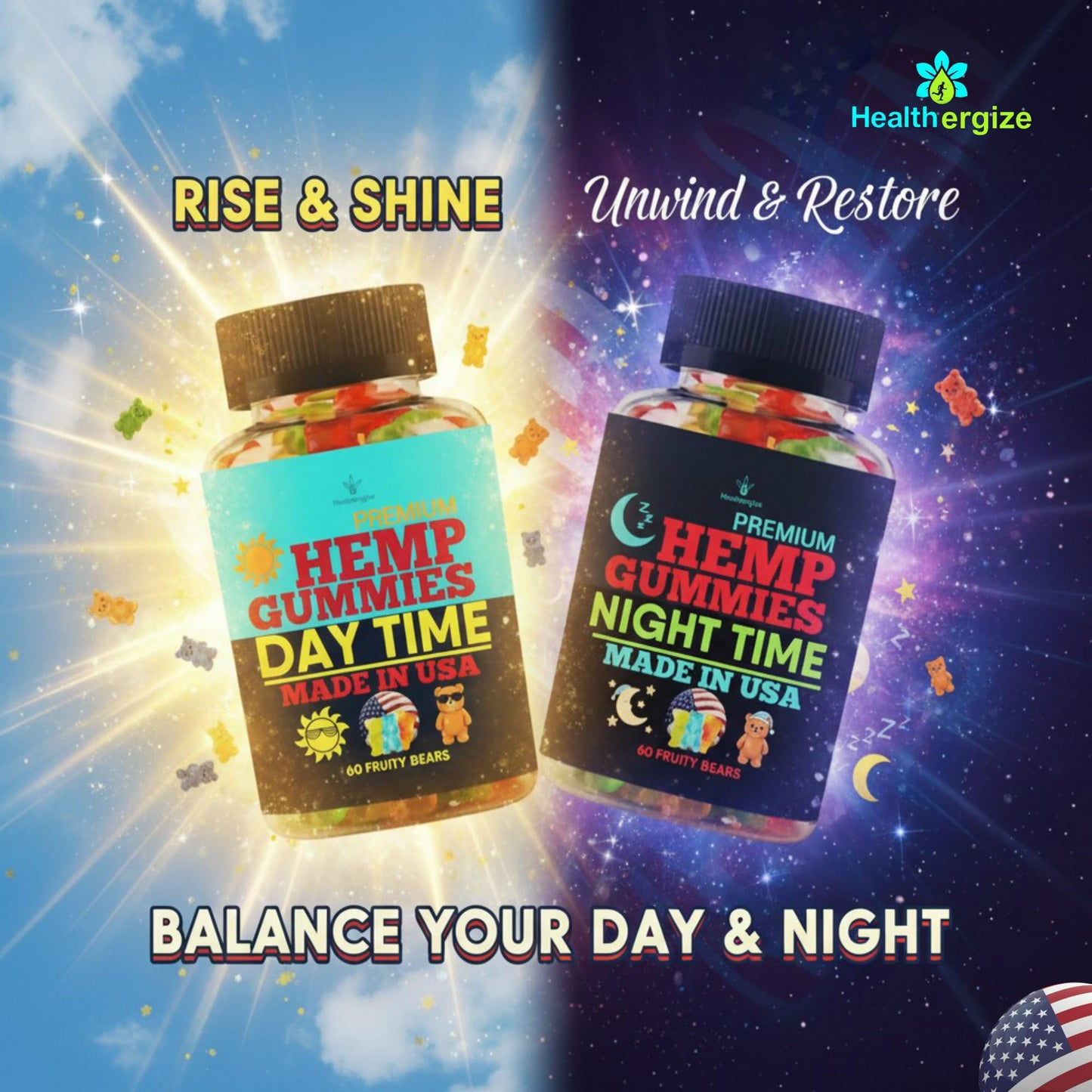 Healthergize Hemp Gummies for Sleep Time and Daytime Boost Chewable, 120 Count