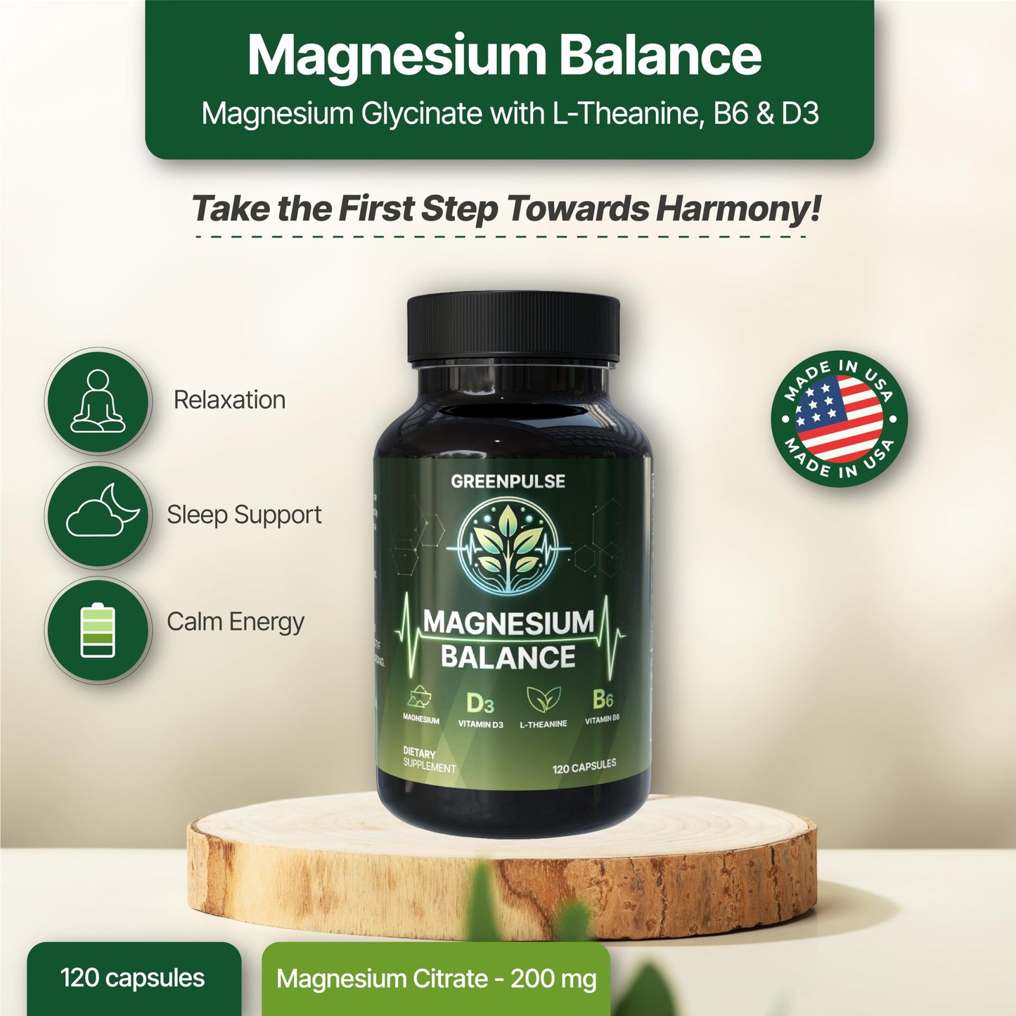GREENPULSE Magnesium Balance – Magnesium Glycinate & Citrate with L-Theanine, Vitamin C, B6 & D3 – Calm & Relaxation Support – 120 Capsules