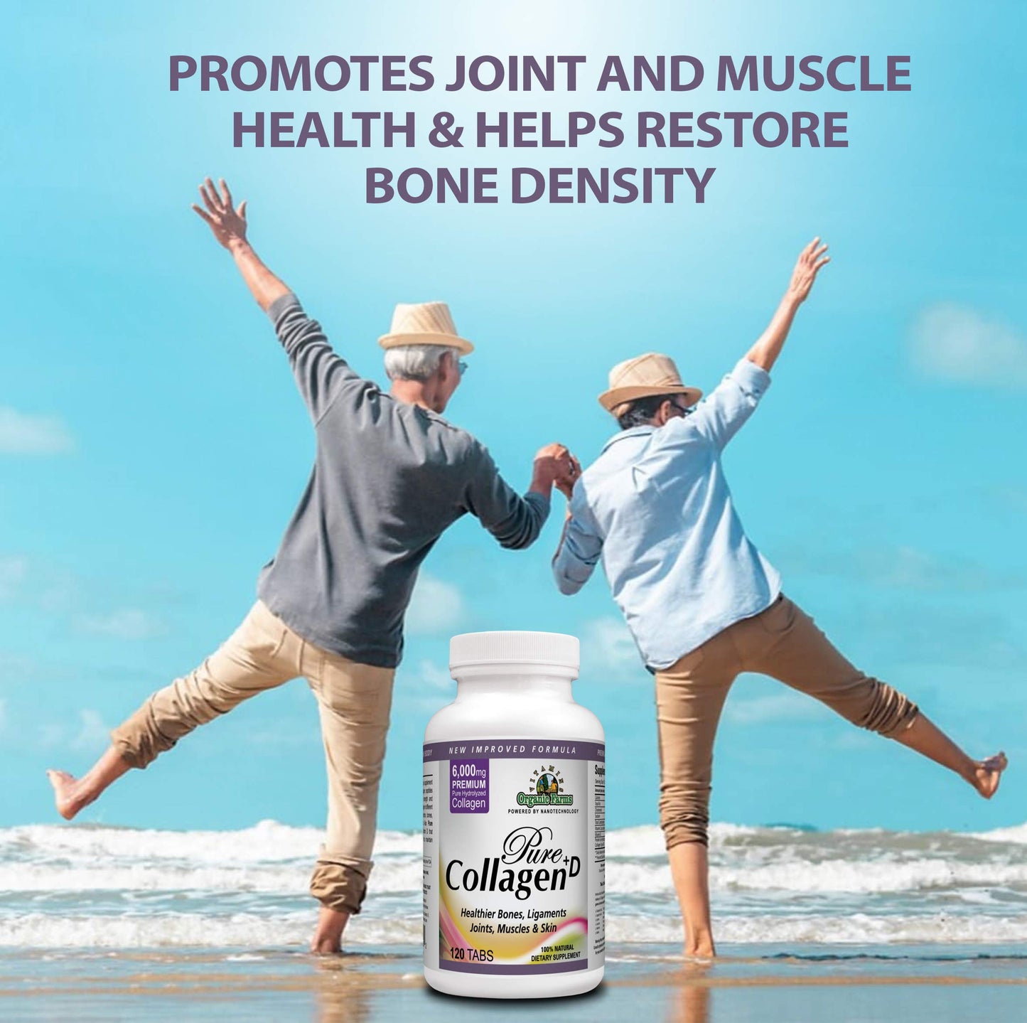 Organic Farms Vitamins Collagen Pure+D Premium Collagen Pills 6000mg Hydrolyzed Collagen Peptides Type I & III - 100% Natural Dietary Supplement, 120 Tablets