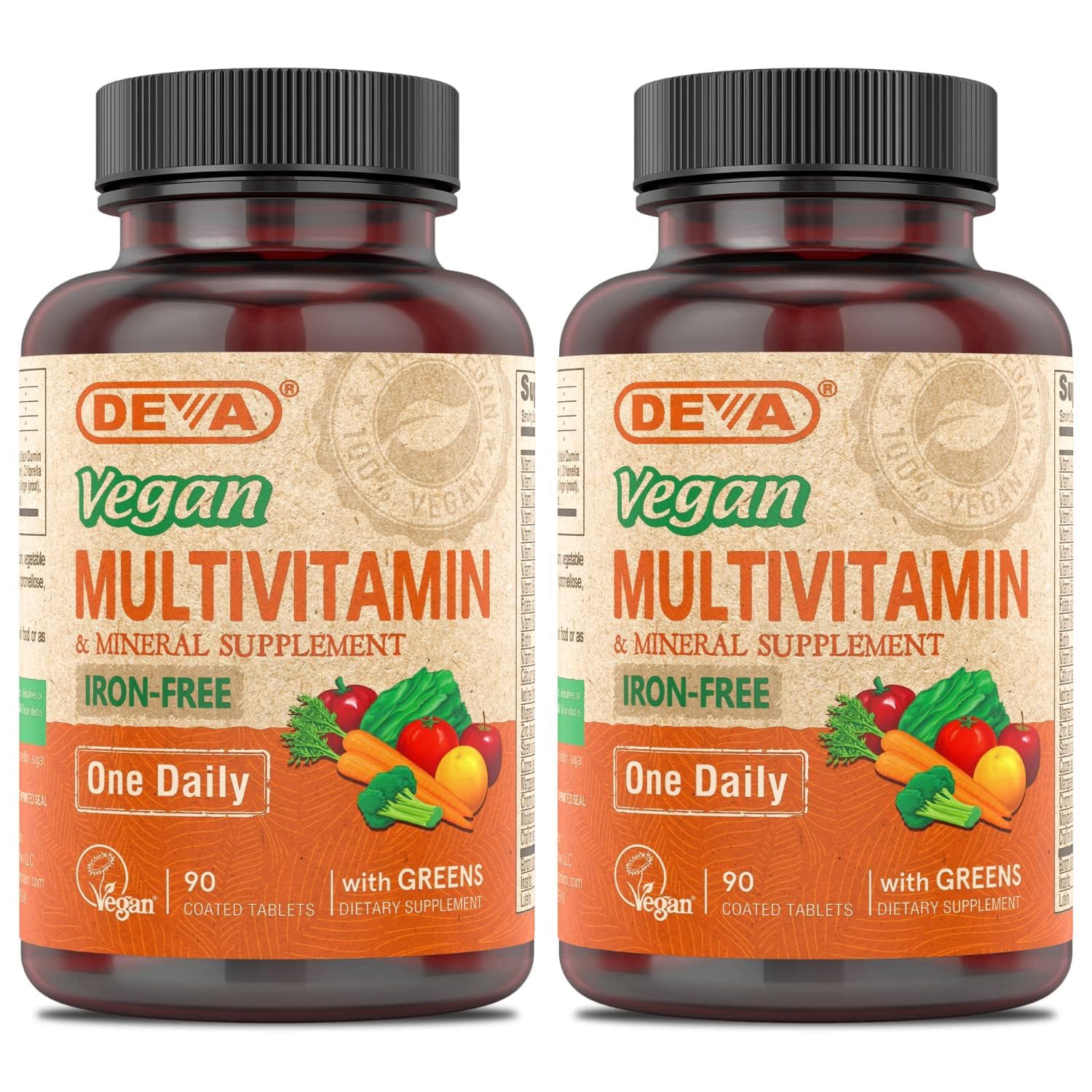 DEVA Vegan Multivitamin and Mineral Supplement One Daily Vitamin Formula with Greens Iron Free 180 Tablets
