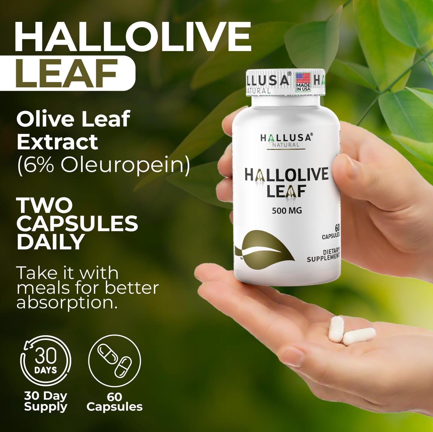 Hallusa Natural Olive Leaf Supplement Capsules 60 Capsules