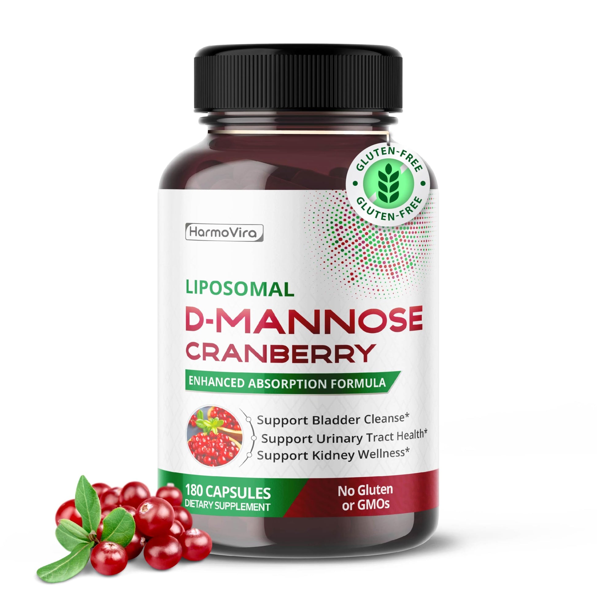 HarmoVira Liposomal D-Mannose Cranberry Supplement Capsules, 180