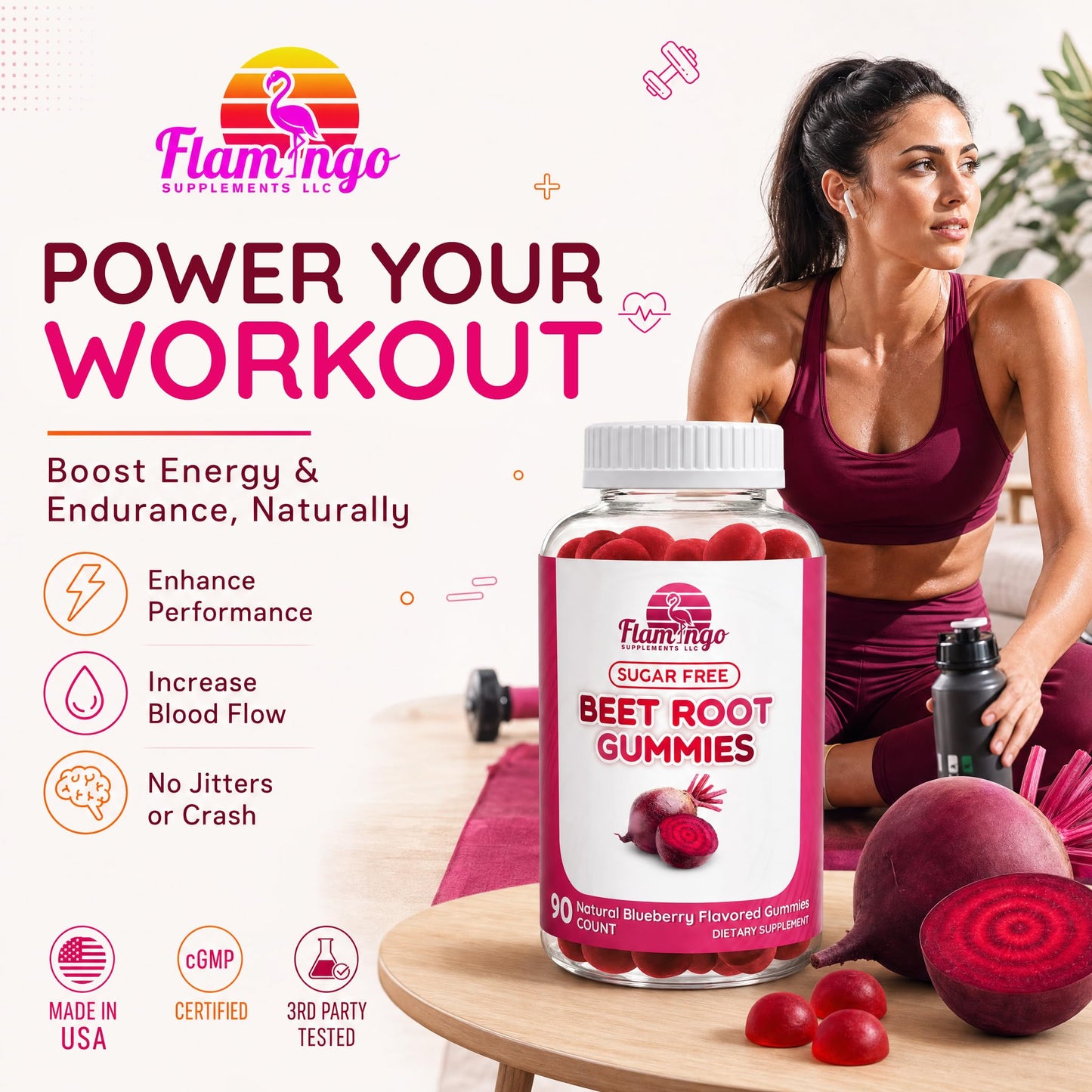 Flamingo Supplements Sugar Free Nitric Oxide Beet Root Gummies 90 Count