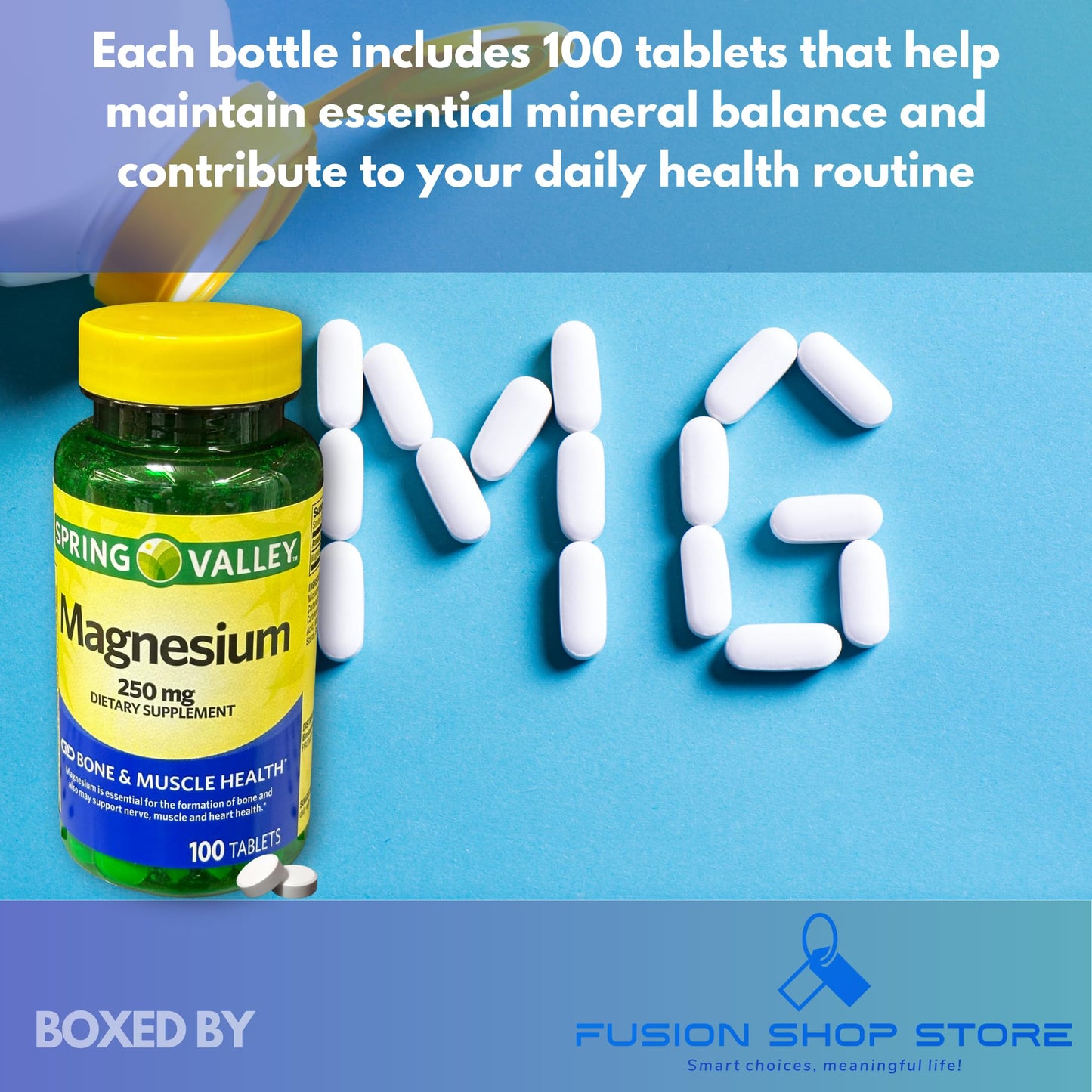 FUSION SHOP STORE Magnesium 250 mg Bone & Muscle Health Tablets, 100 Count