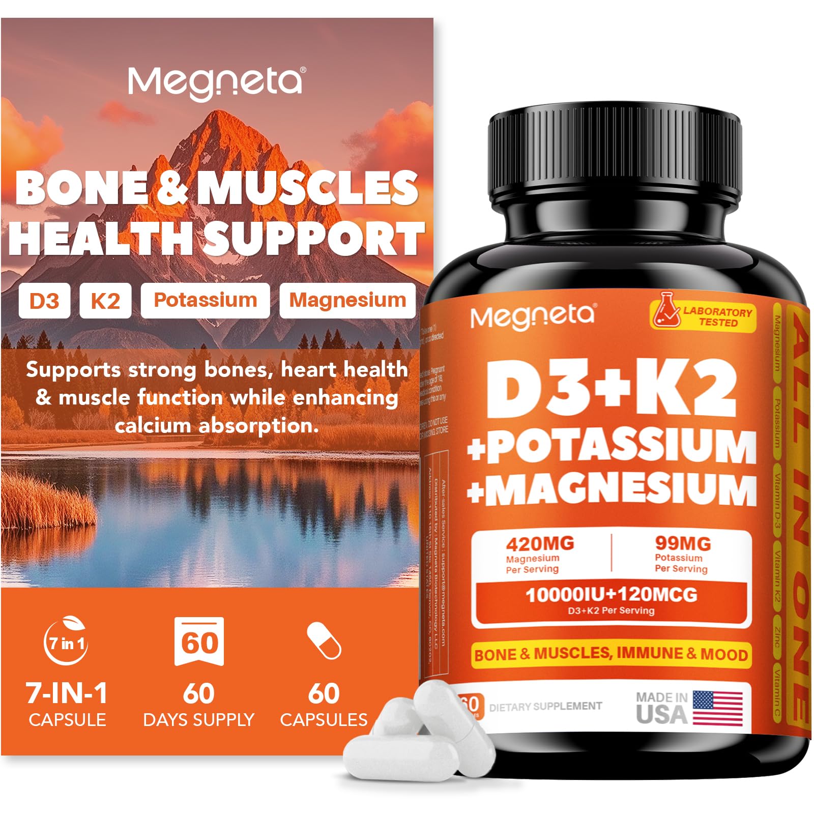 MEGNETA Vitamin D3 K2 (MK-7) 10,000 IU with Magnesium Glycinate & Potassium Supplement - Systemic Complex for Bone, Muscle, Heart, Immune, Energy & Sleep Support – High Absorption, 60 Capsules