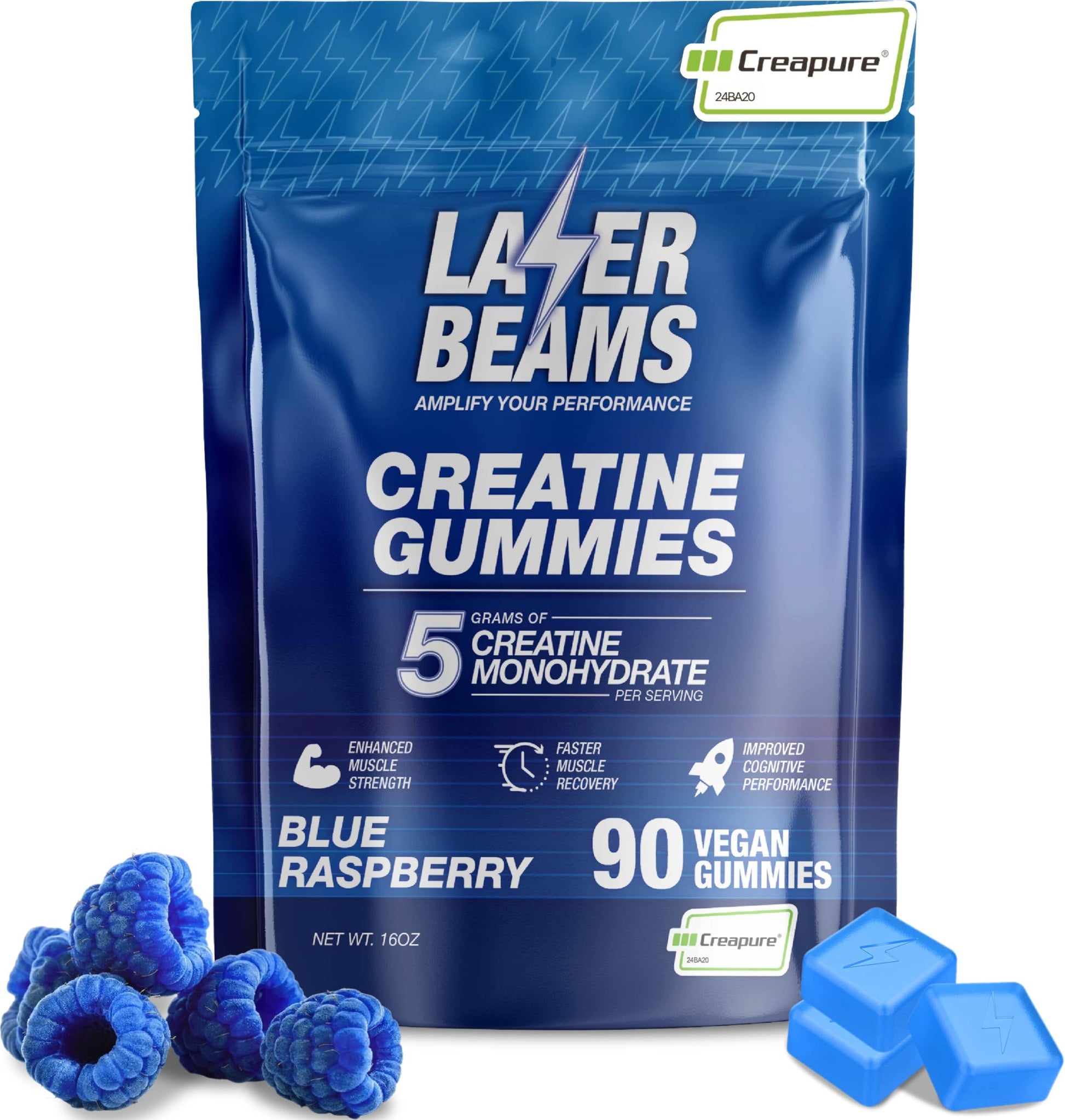 Laser Beams Creatine Monohydrate Gummies 5000mg Creapure Blueberry Flavor, 90 Count