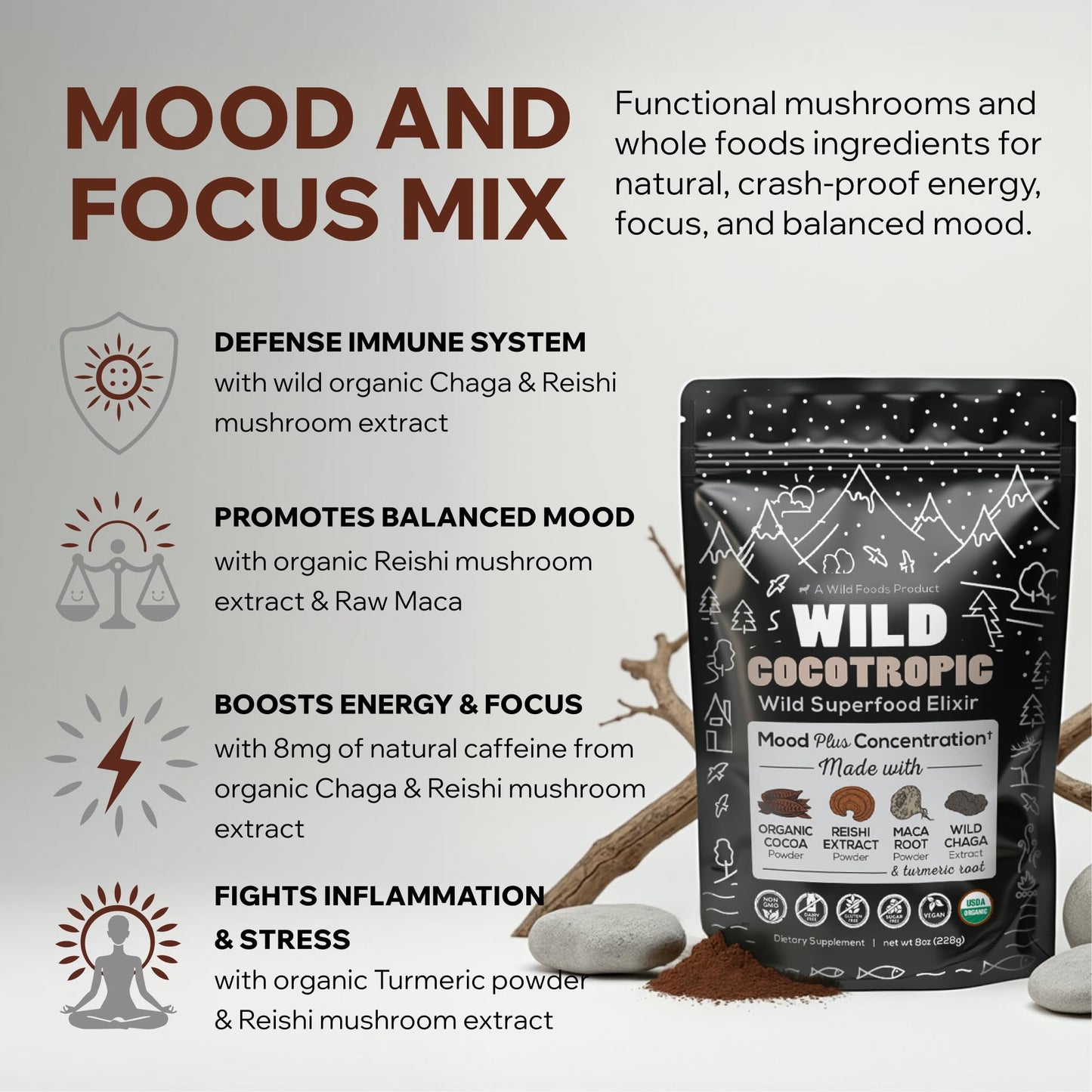 Wild Foods Cocotropic Organic Mushroom Cacao Mix & Collagen Peptides Bundle Powder 32