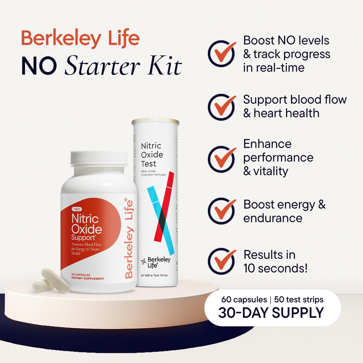 Berkeley Life Nitric Oxide Booster & Test Strips Starter Kit, 60 Capsules & 50 Test Strips