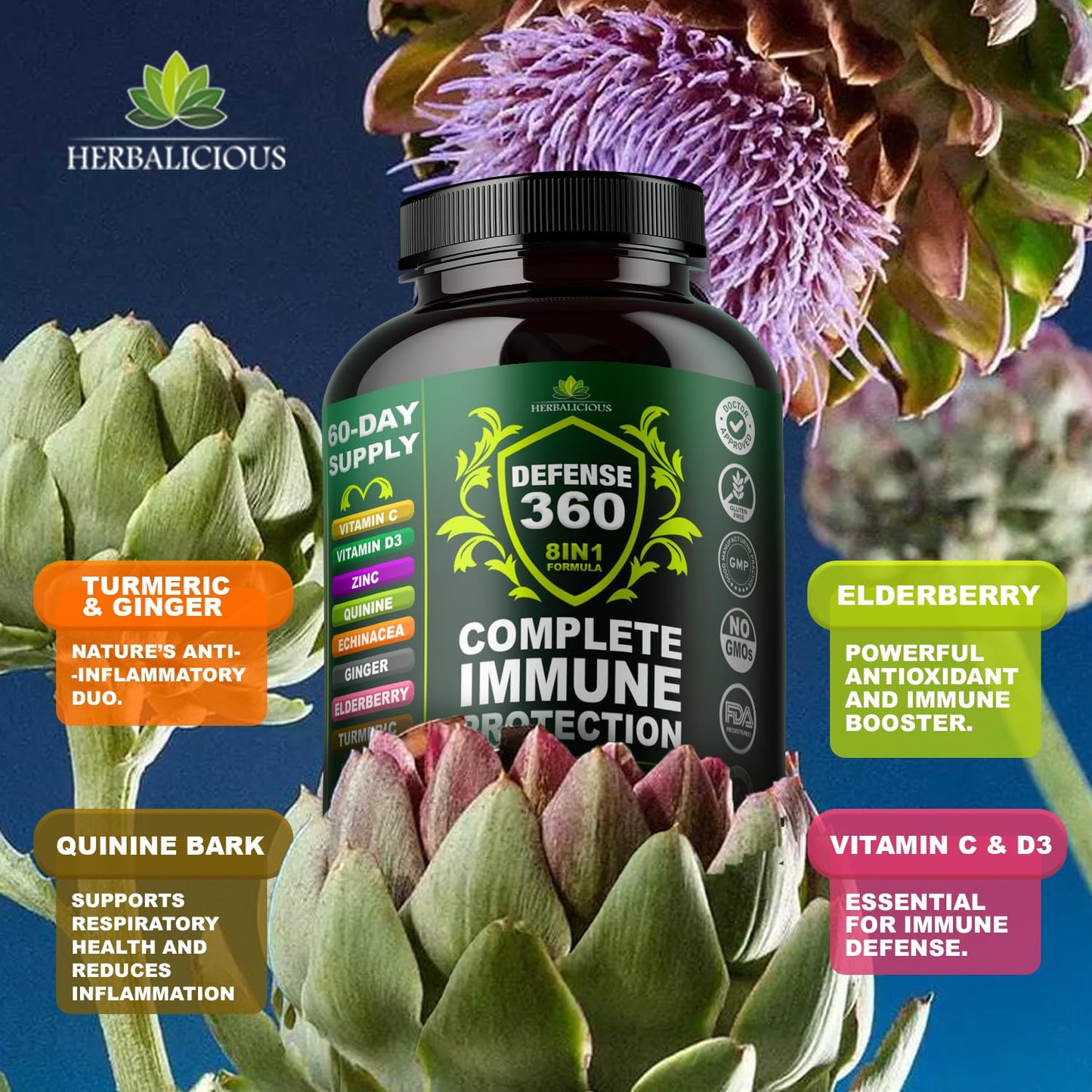 HERBALICIOUS Defence360 Immune Support 8-in-1 Supplement with Vitamin C, D3, Zinc, Elderberry, Echinacea, Turmeric, Ginger & Quinine, Immune Protection, Energy and Vigor, Brain Boost, Stress Relief, 120 Capsules