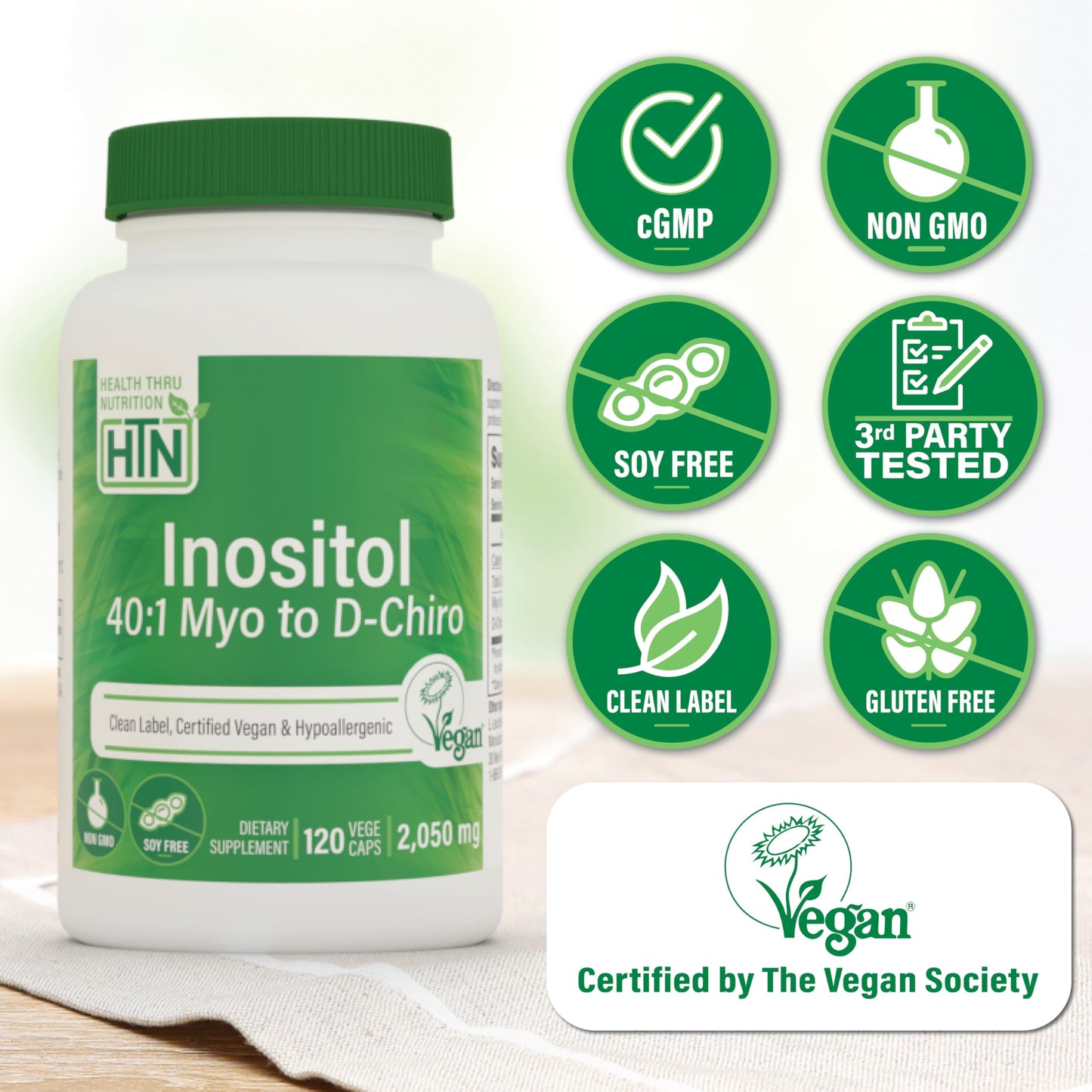 Health Thru Nutrition Inositol Supplement 40:1 Myo-Inositol to D-Chiro-Inositol Ratio 2050mg Per Serving 120 Capsules