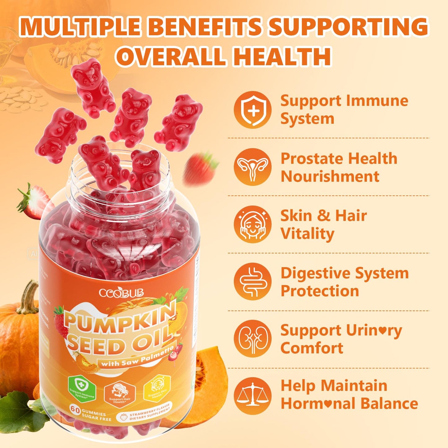CCOBUB Pumpkin Seed Oil Gummies with Saw Palmetto Strawberry Flavor Gummy 60 Count