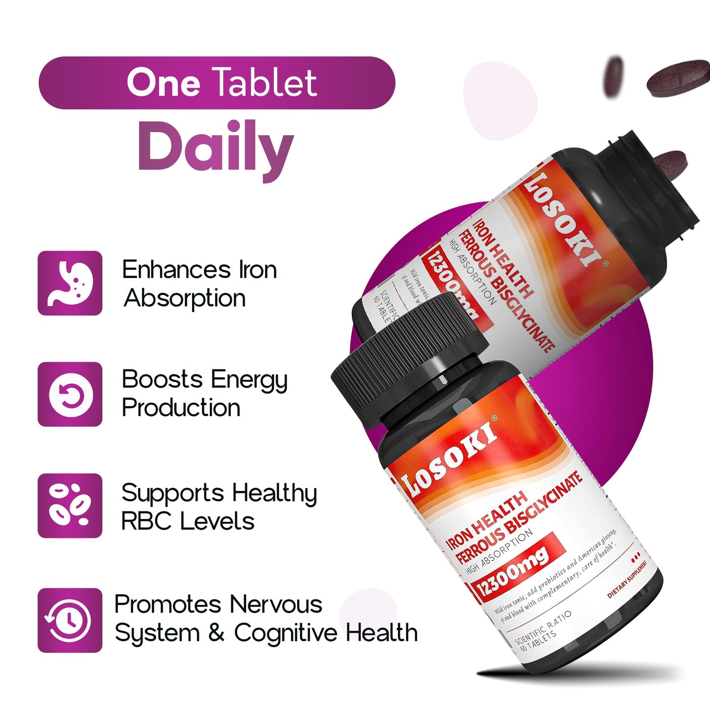 Losoki Iron Bisglycinate 20 mg with Vitamin C & B12 Ginseng, 60 Tablets
