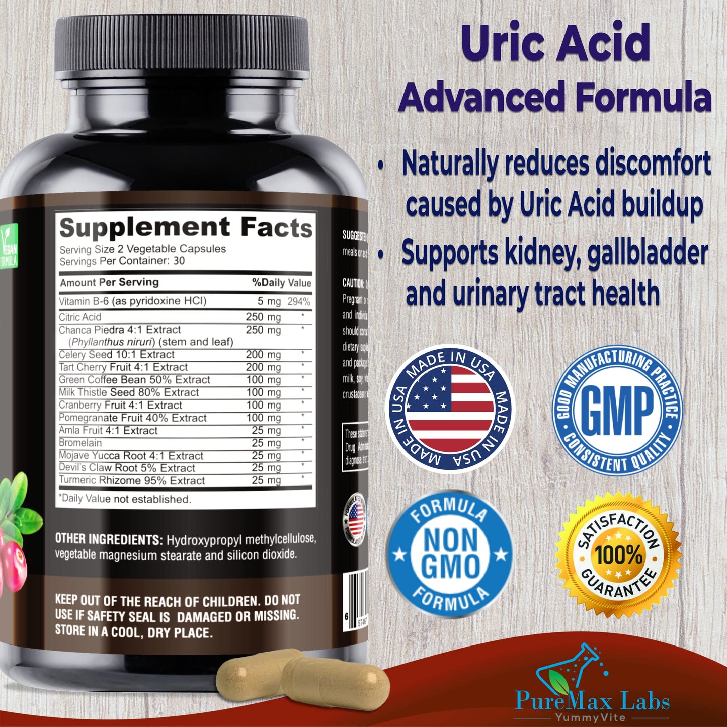 YUMMYVITE Uric Acid Advanced Formula Kidney, Liver, Gallbladder, Urinary Tract Cleanse with Cranberry, Chanca Piedra, Tart Cherry, Milk Thistle and Bromelain 60 Capsules