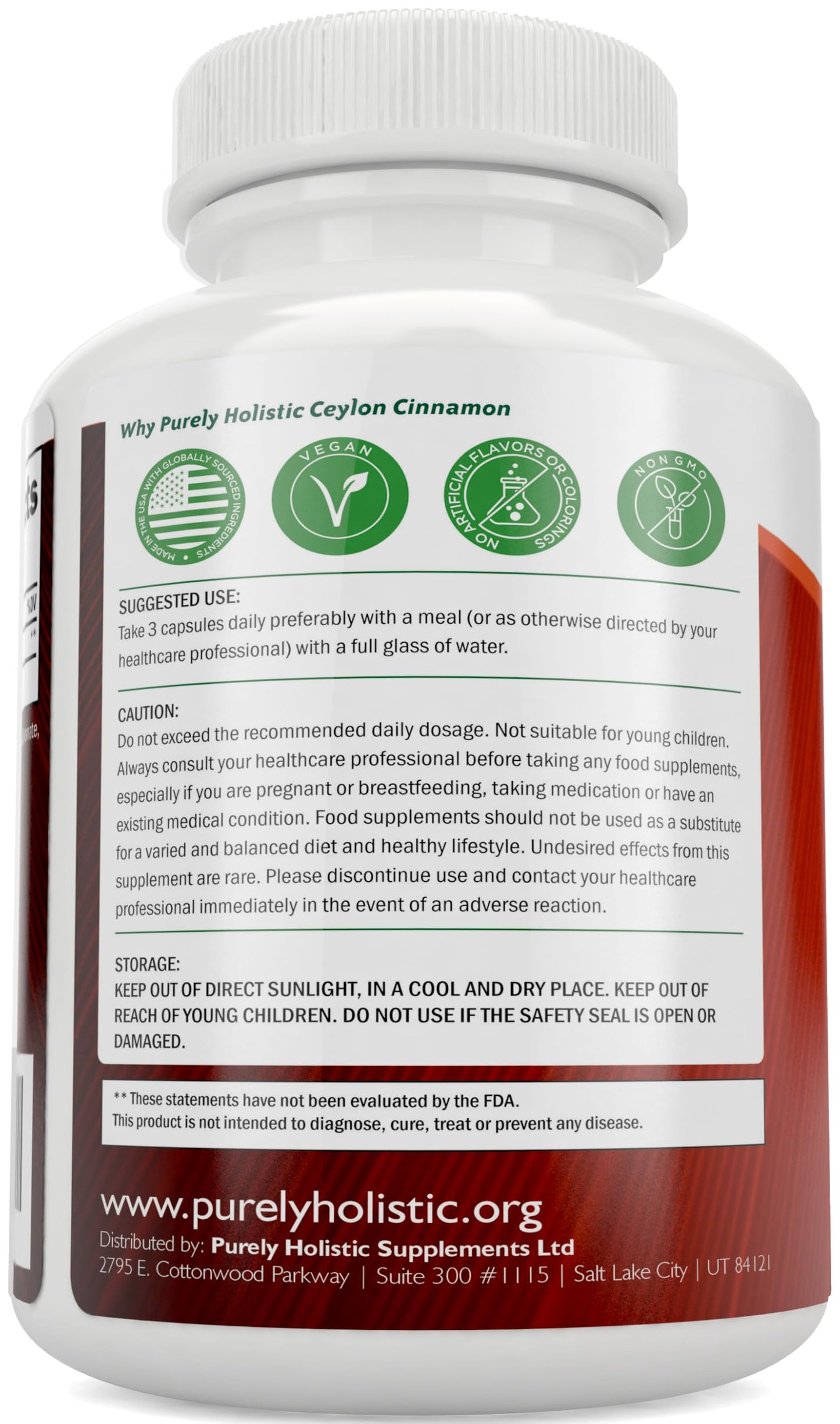 Purely Holistic Ceylon Cinnamon Capsules 1500mg, 225 Capsules