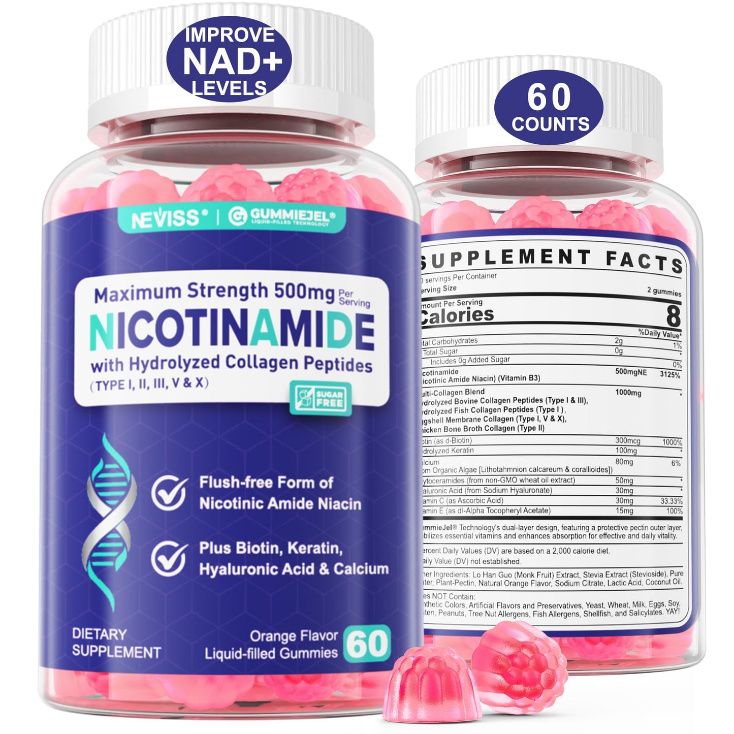 NEVISS Nicotinamide 500mg Gummies, 60 Count