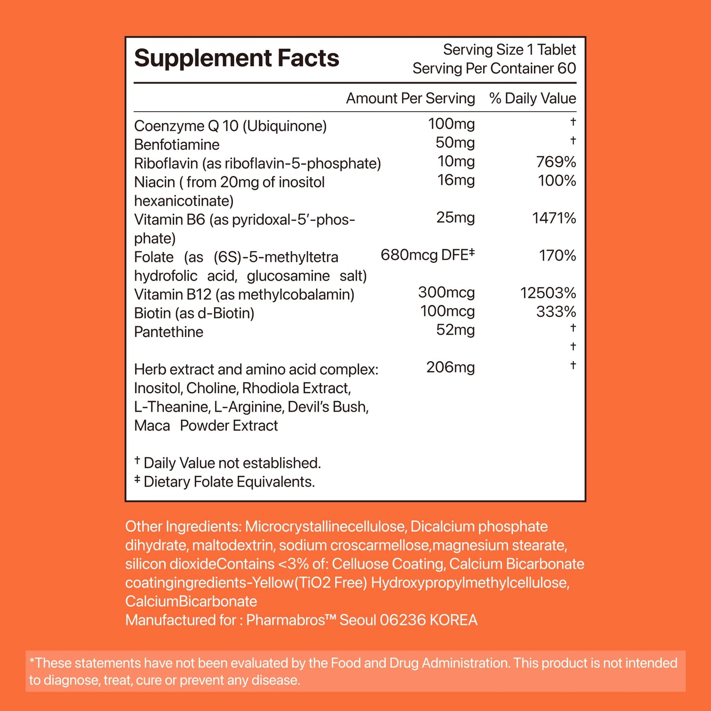 YDY Nutrition All Active BQ10 CoQ10 100mg Vitamin B Complex (B1, B2, B3, B6, B7, B9, B12, Pantethine) Tablets, 60 Count