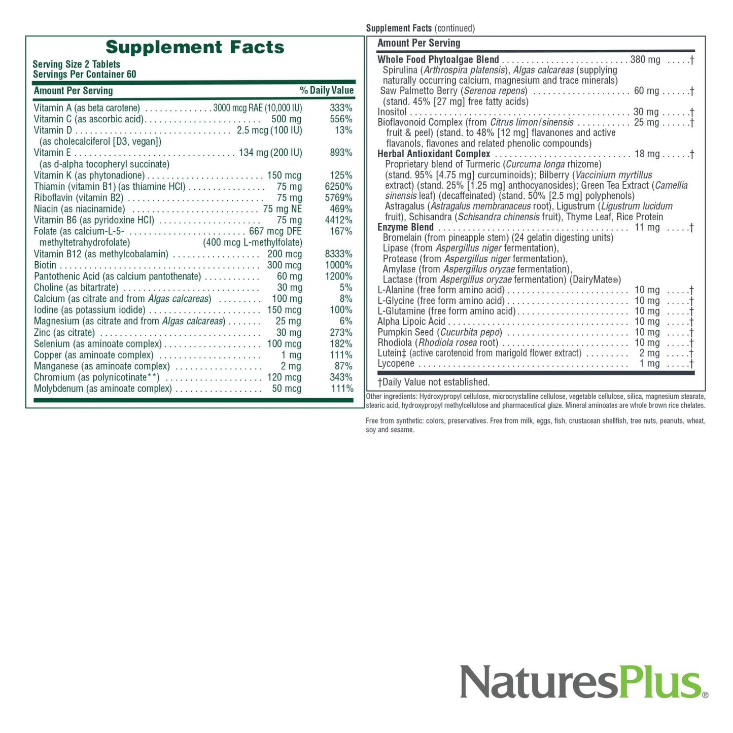 NaturesPlus Source of Life Men Iron-Free Multivitamin & Mineral Supplement Tablet, 120 Count