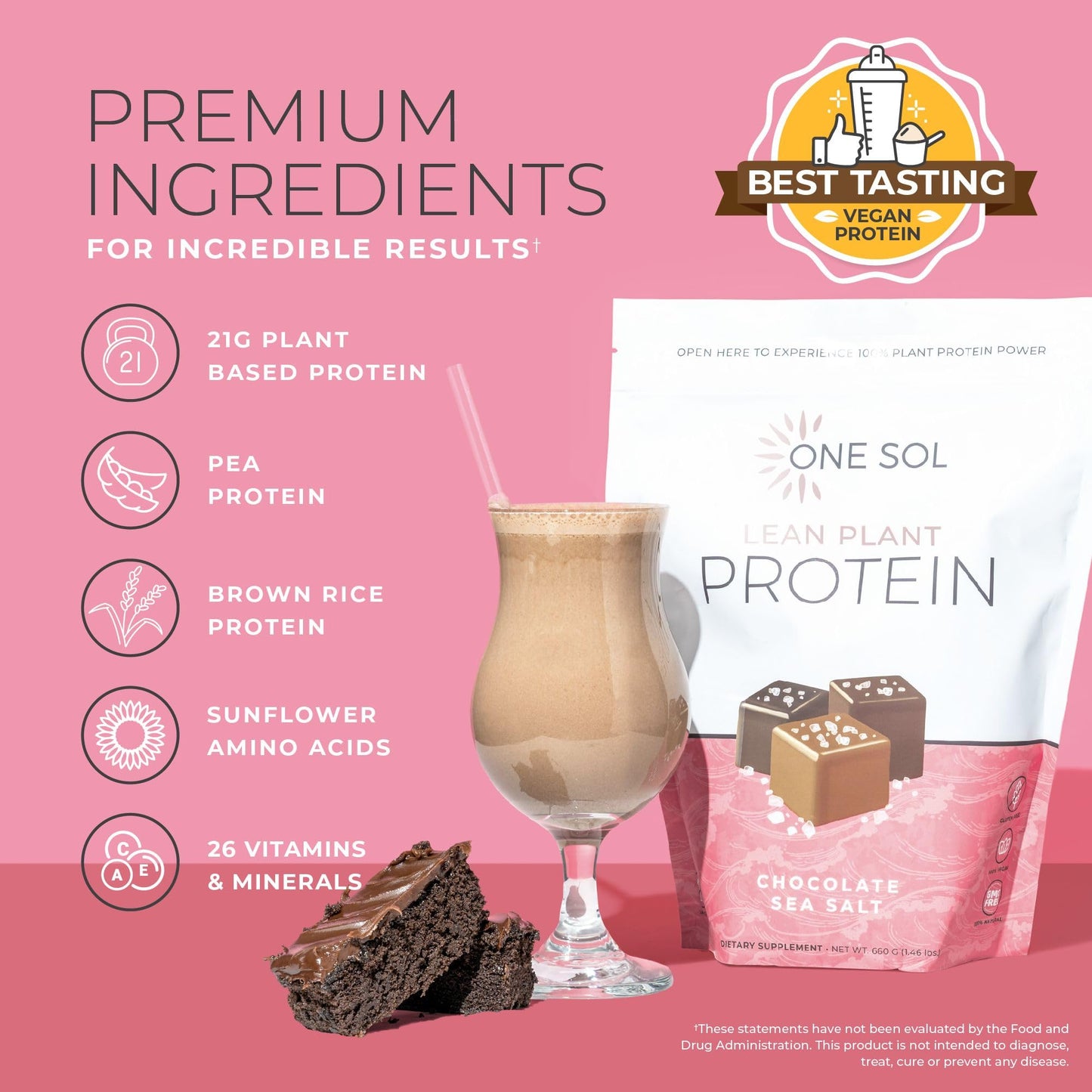 One Sol Lean Plant Protein Powder, Low Carb, Chocolate Sea Salt, 21.7288