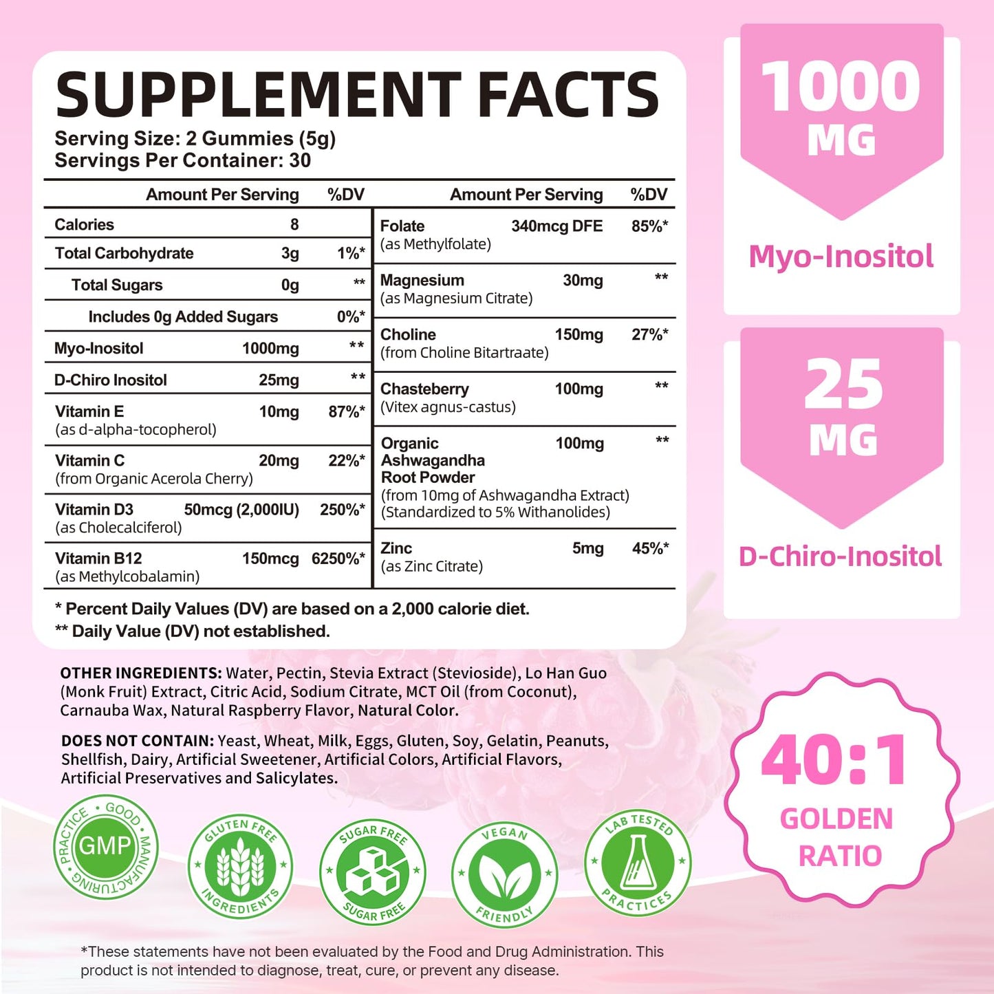 Mchokuu Myo-Inositol & D-Chiro Inositol Gummies, Ideal 40:1 Ratio Supplement for Women with Vitamin D3 & B12 for Support Hormonal Balance & Wellness, Sugar Free, Raspberry, 60 Count