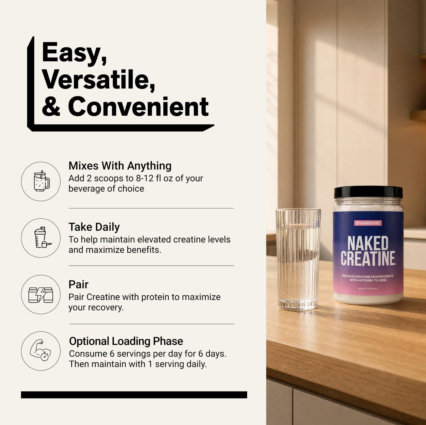 NAKED Creatine Monohydrate Powder - Strawberry Flavored - Real Strawberry Powder, No Additives, Vegan, Non-GMO, Gluten Free, Soy Free - 45 Servings