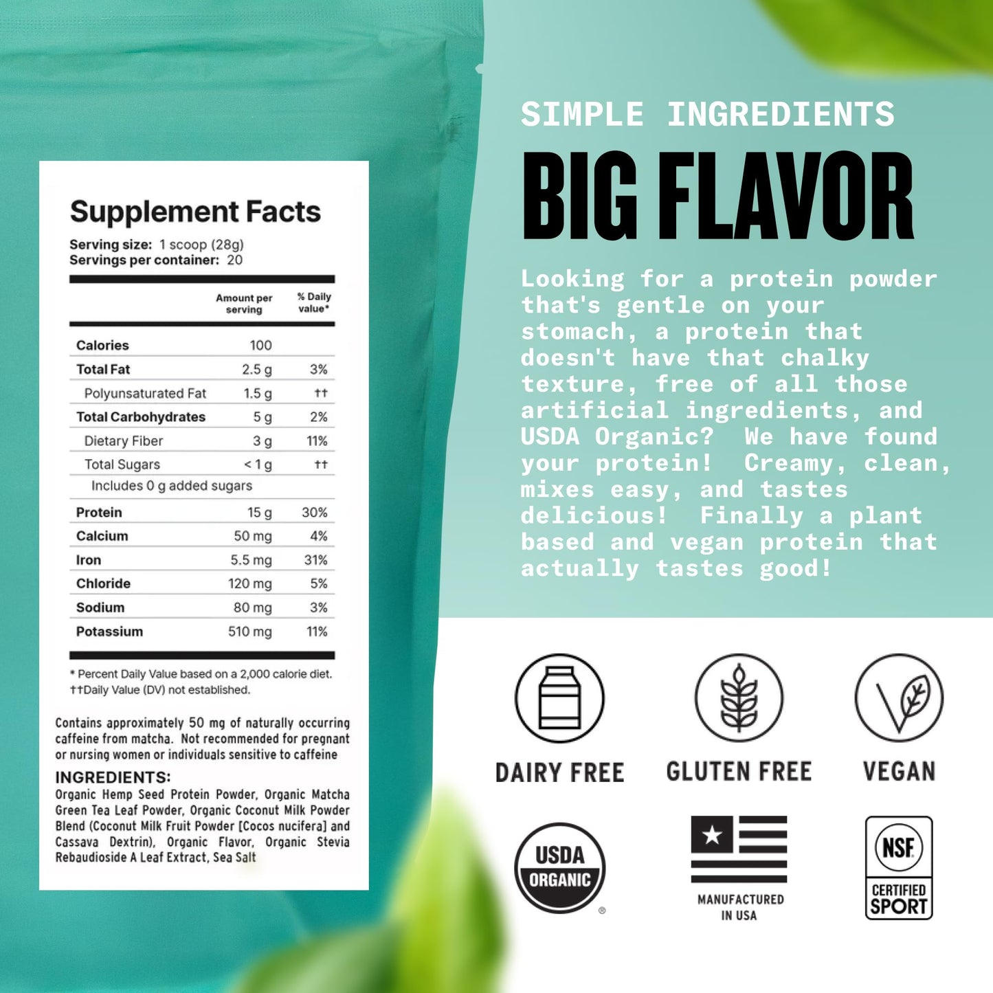 Agoge USDA Organic Hemp Protein Powder Matcha Flavor, 20 Servings