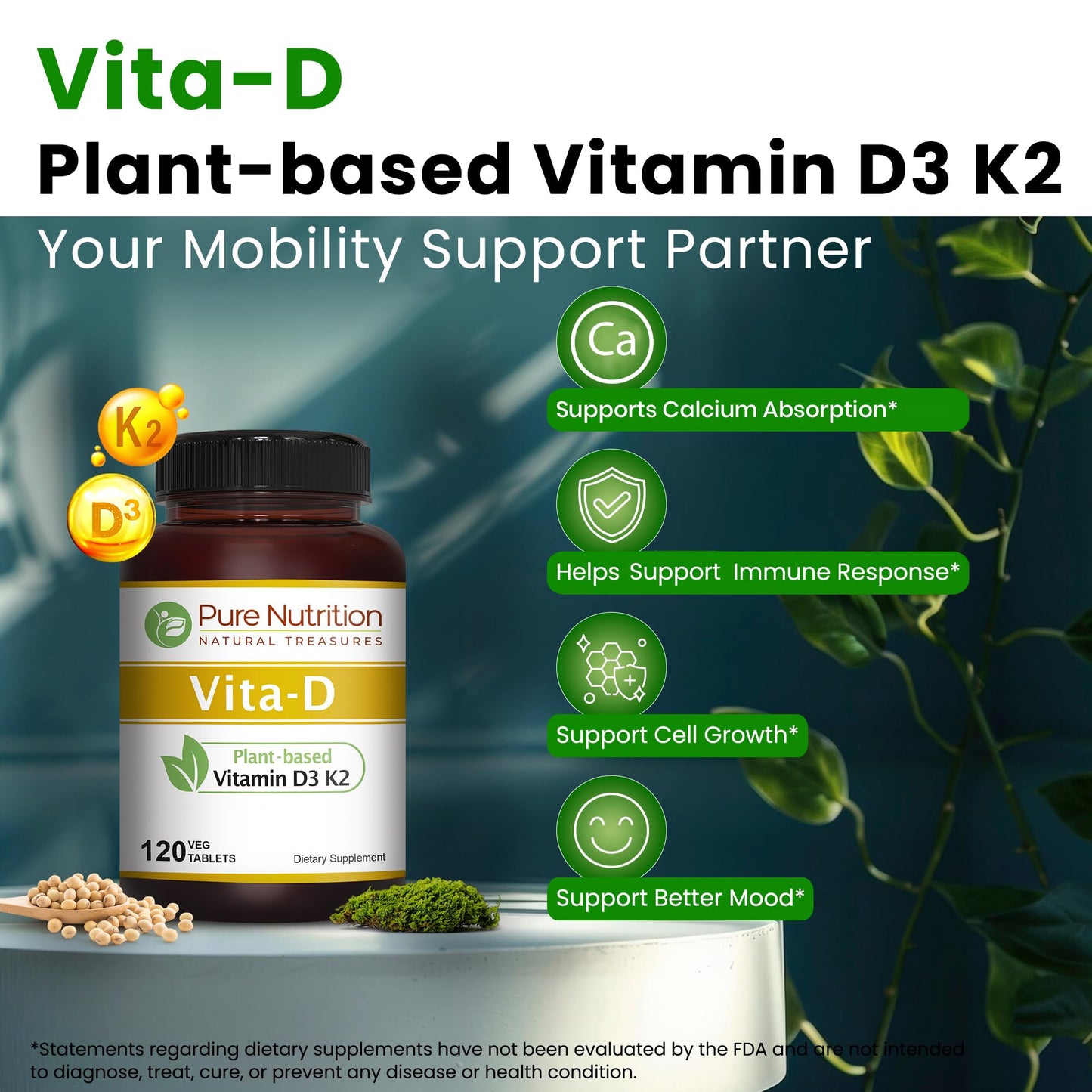 Pure Nutrition Natural Treasures Vitamin D3 K2 Supplement Tablet, 120 Tablets