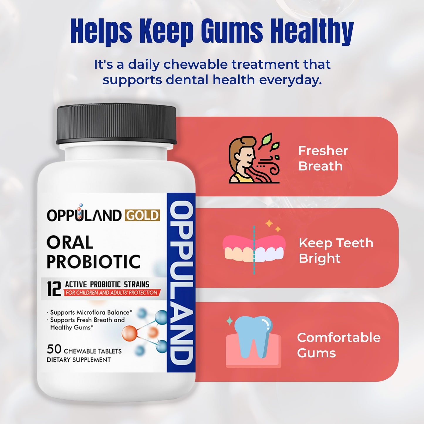 oppuland Oral Probiotic with 12 Probiotic Strains, BLIS K12 M18, B. lactis & L. Reuteri Chewable 50 Tablets