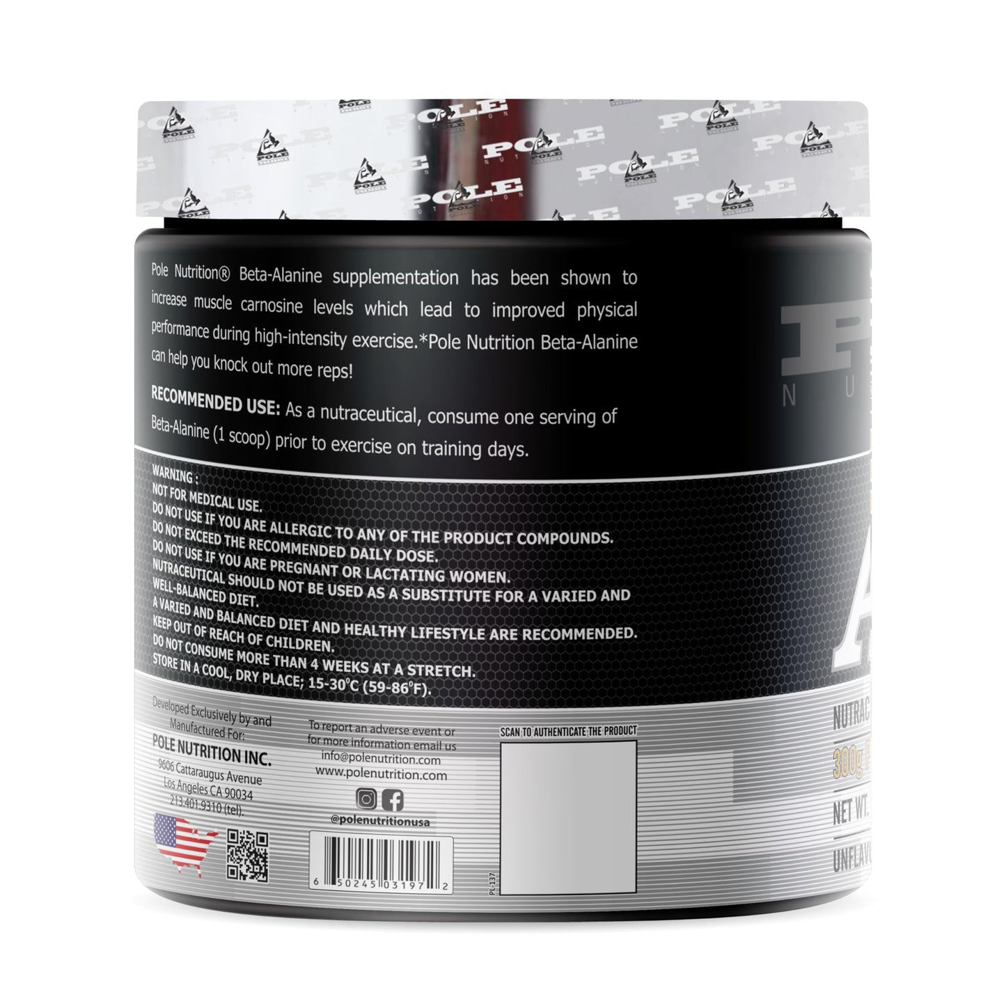 Pole Nutrition Beta-Alanine Powder Unflavored, 75 Serving