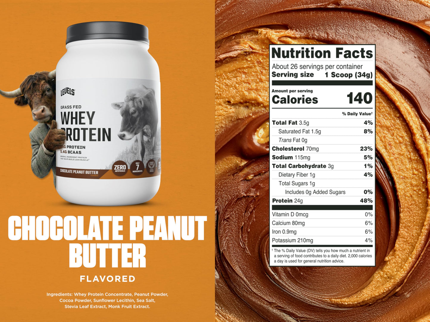 Levels Nutrition Grass Fed Whey Protein Powder, No Artificials, 24g Protein, Chocolate Peanut Butter, 2 lb, 32 Servings