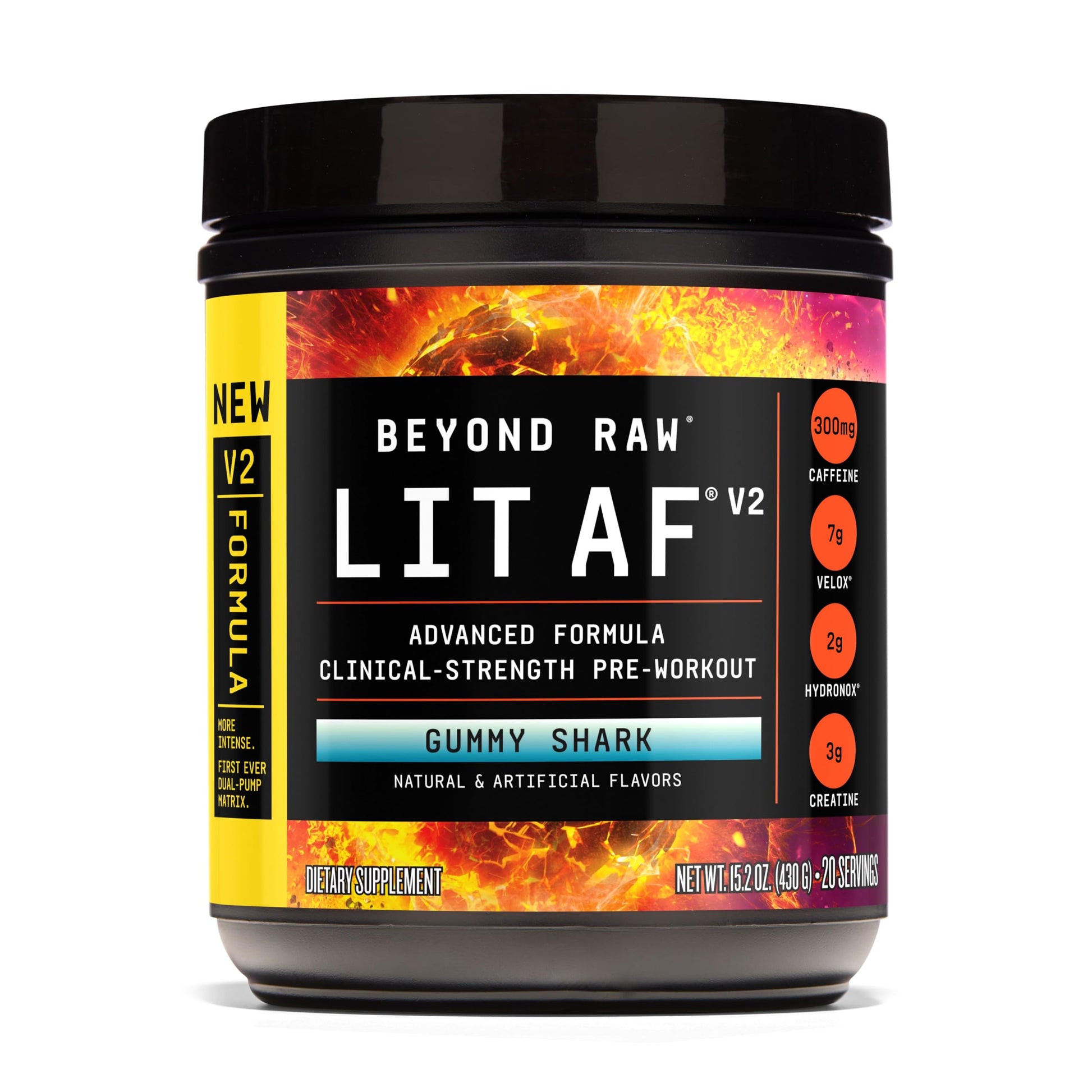 BEYOND RAW LIT AF V2 Pre-Workout - Gummy Shark Powder 15.2 Ounce