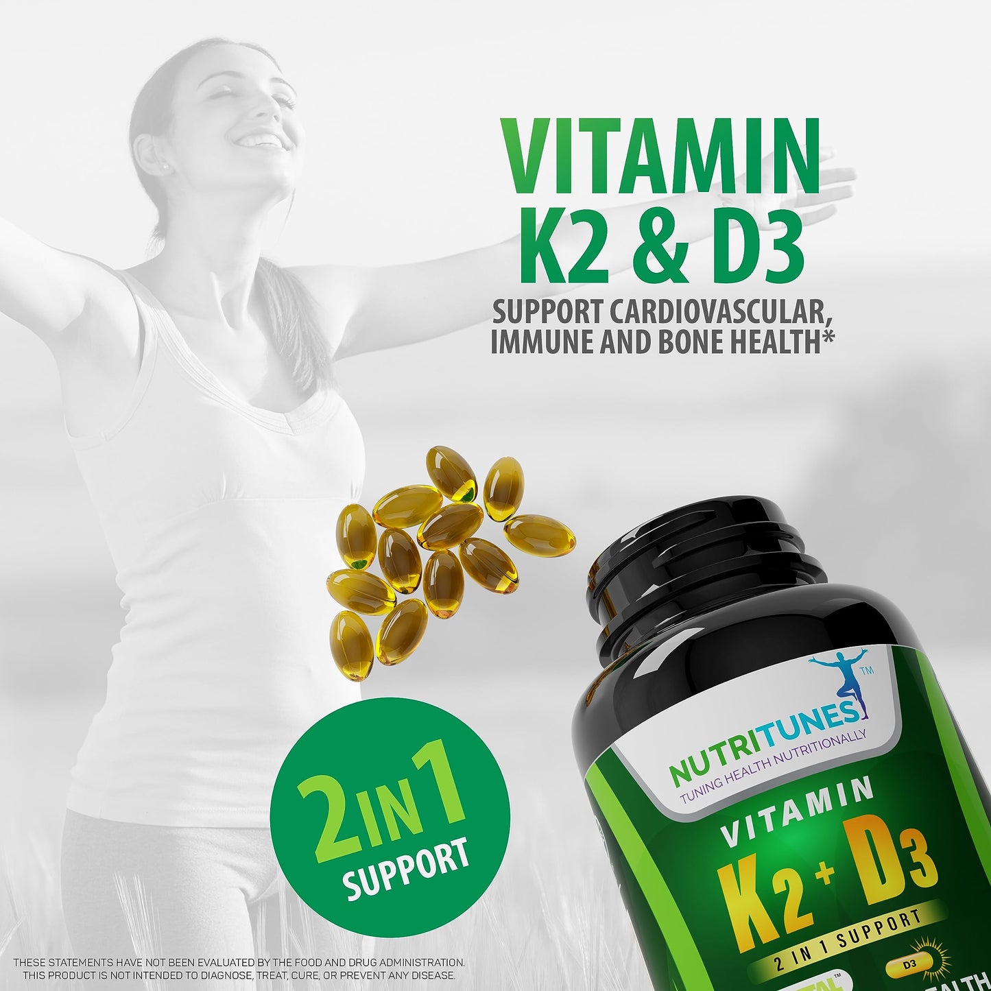 Nutritunes Vitamin D3 K2 5000 IU D3 & 100 mcg K2 MK-7 Softgels 120