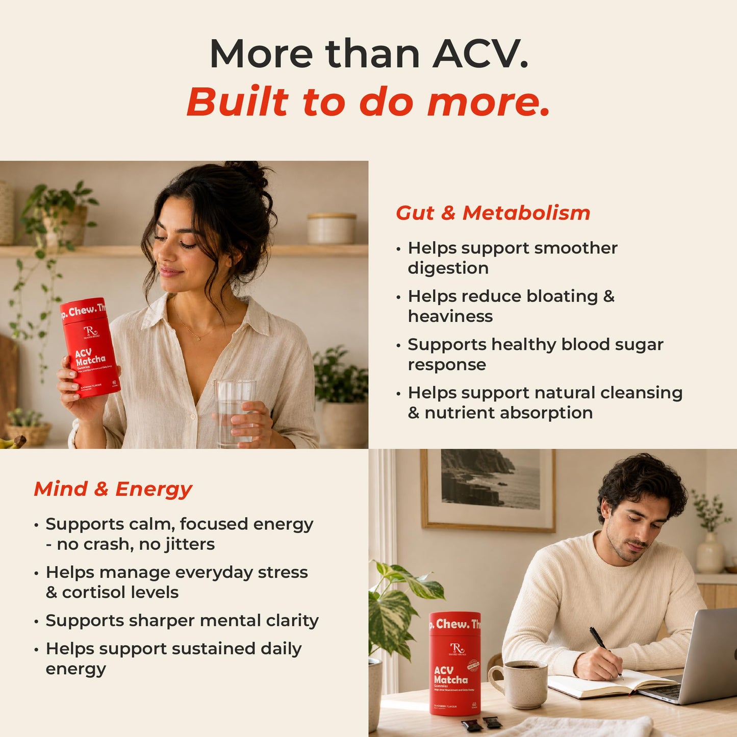 Trusted Rituals ACV Matcha Gummies – Max Strength 1000mg ACV with Matcha, Ashwagandha, Prebiotic Fiber & Vitamins B6/B12 – Gut, Mind, Metabolism & Digestion Support – Vegan, No Added Sugar, 60 Gummies
