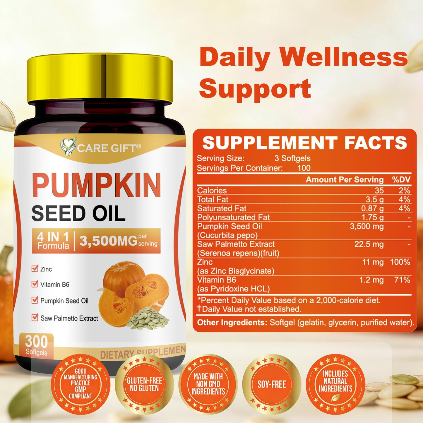 CARE GIFT Pumpkin Seed Oil with Saw Palmetto 3500mg 4-in-1 Advanced Formula Zinc Vitamin B6 Cold Pressed Essential Fatty Acids Phytosterols Supports Immune Hair Urinary Bladder Prostate Health Softgels 300