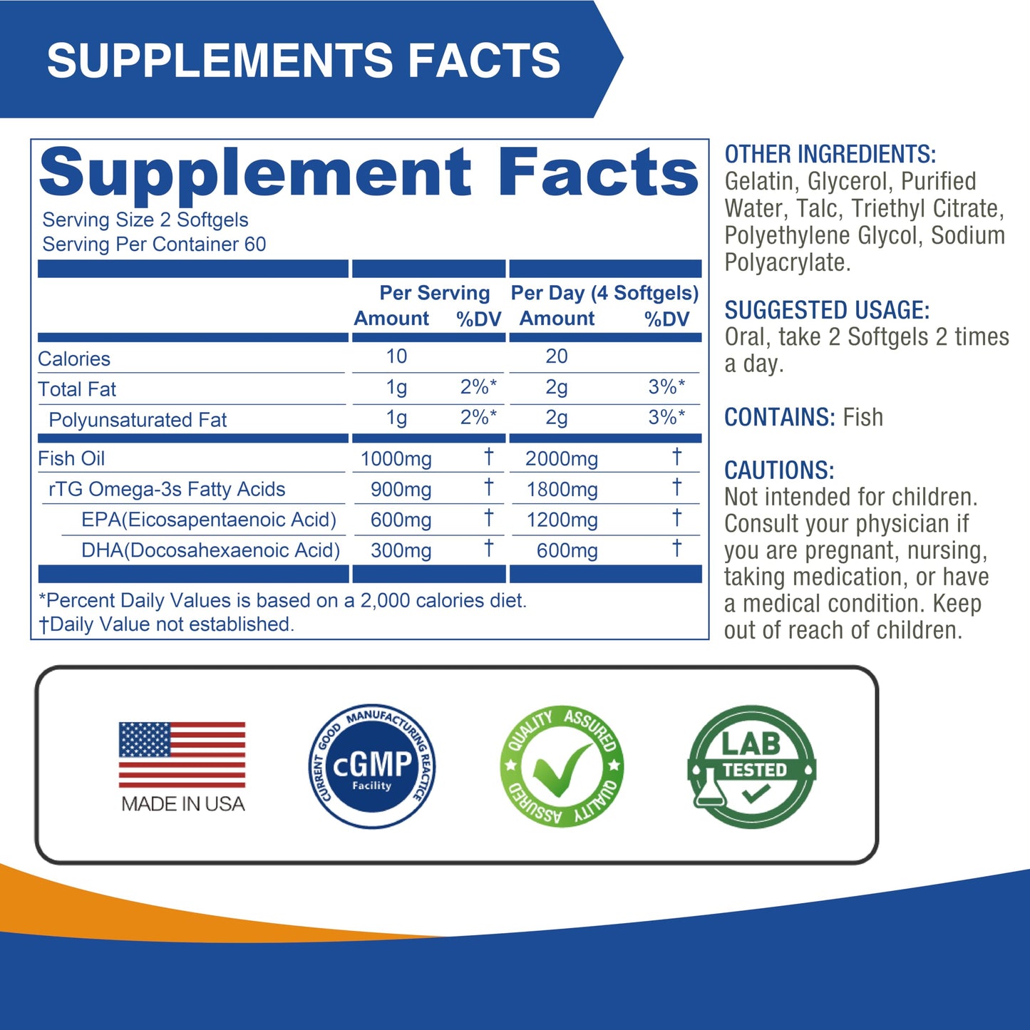 LOVITA Omega-3 Fish Oil 2000 mg Triglyceride rTG Softgels, 120 Count
