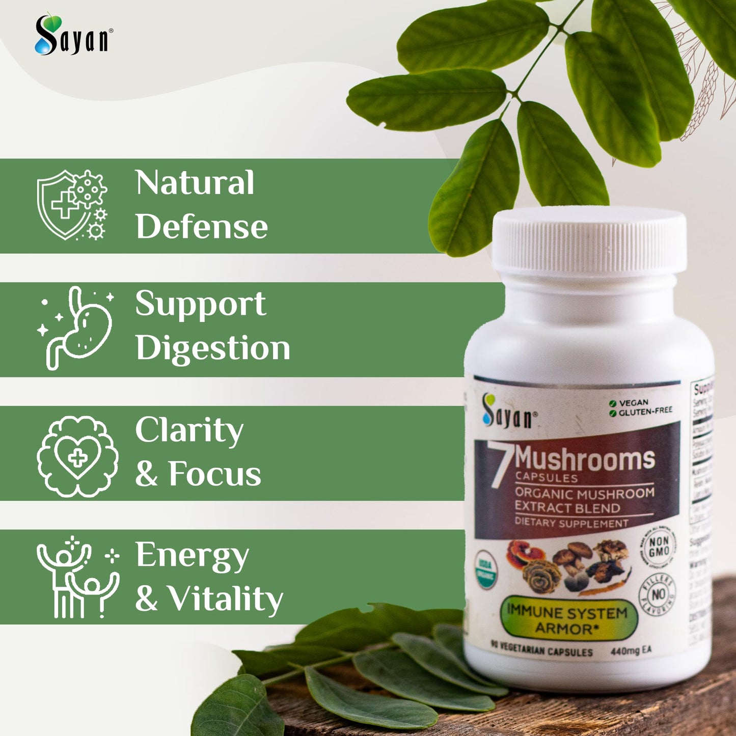 Sayan 7 Mushroom Extract 440mg Capsules, Immune Support Energy, Organic Vegan, 90 Count